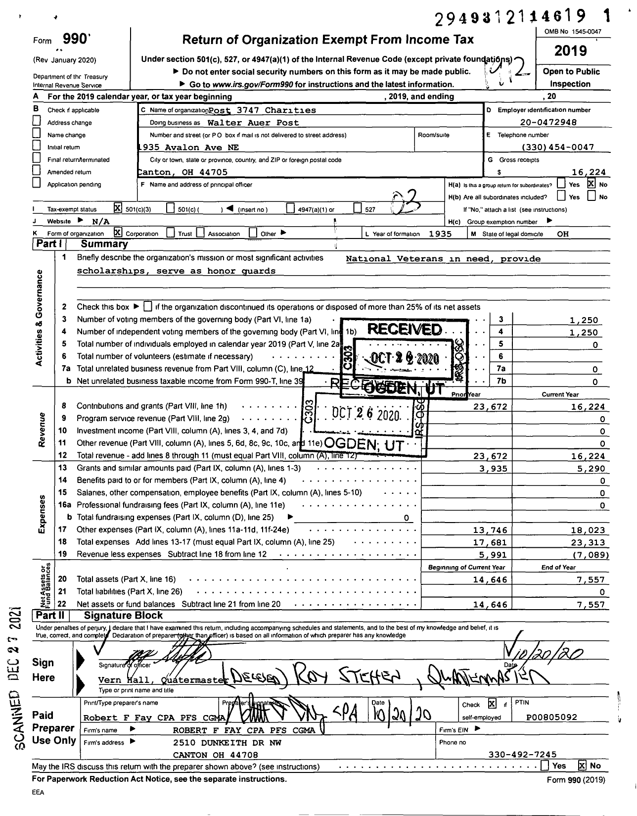 Image of first page of 2019 Form 990 for Walter Auer Post