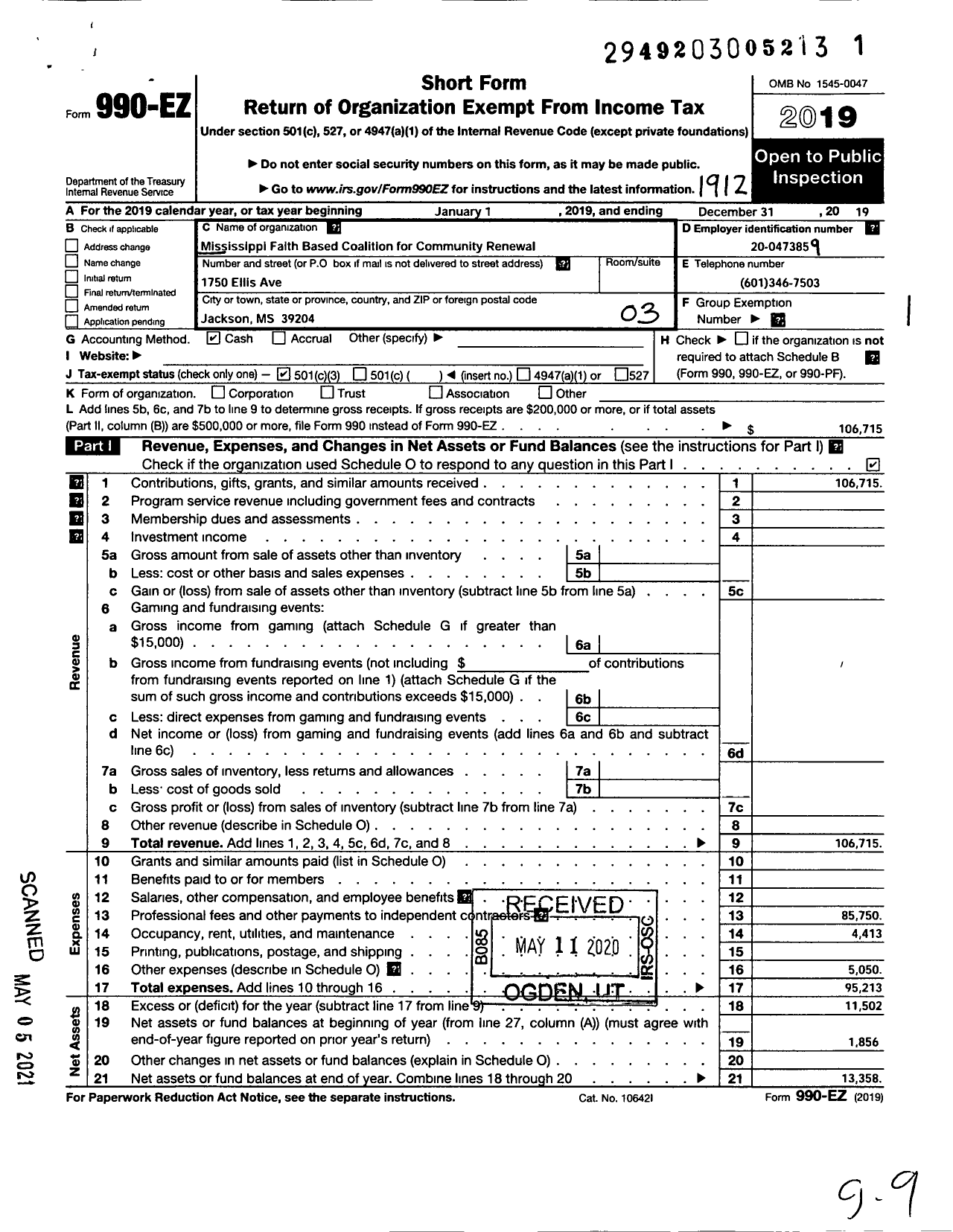 Image of first page of 2019 Form 990EZ for Mississippi Faith Based Coalition for Community Renewal