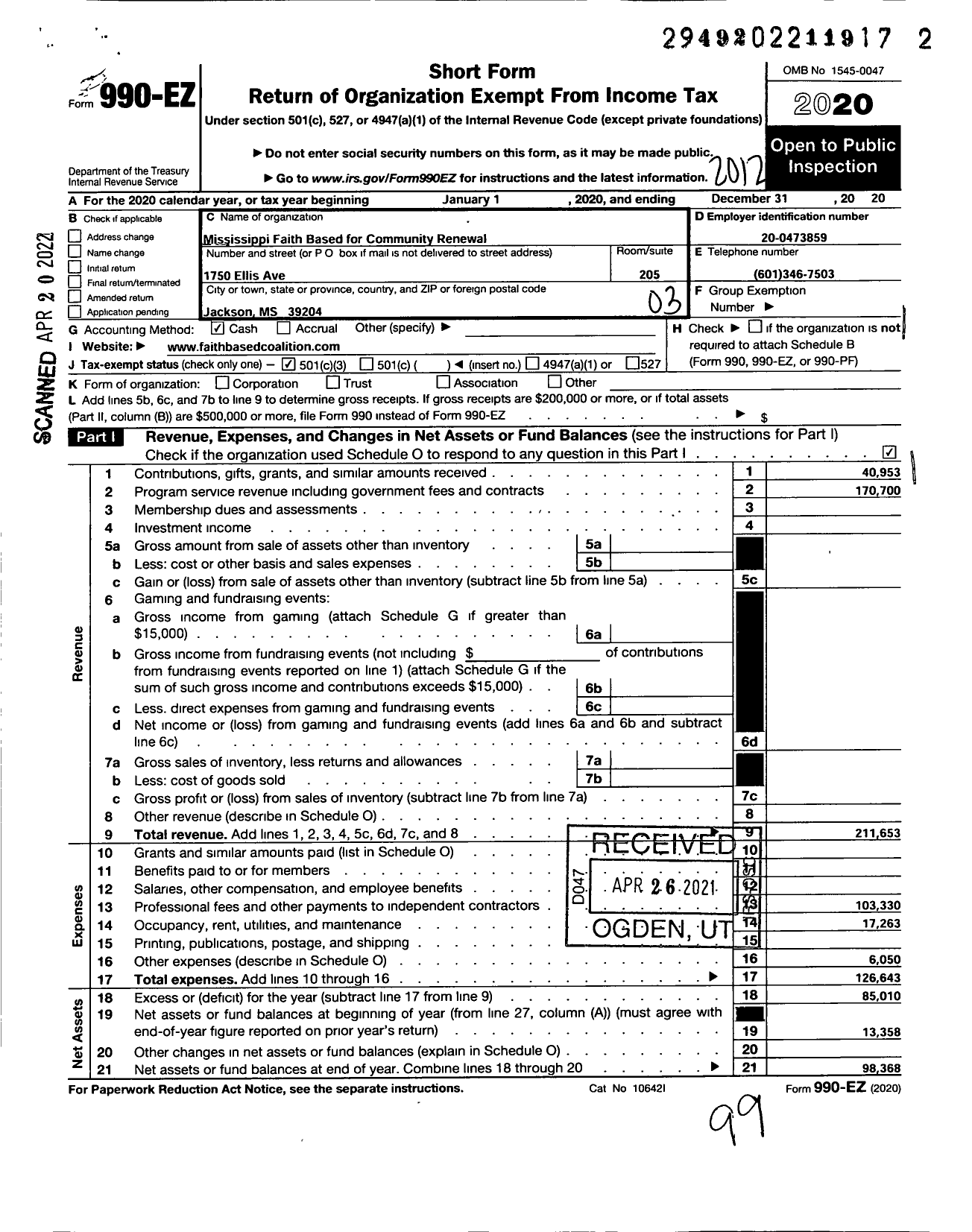 Image of first page of 2020 Form 990EZ for Mississippi Faith Based Coalition for Community Renewal