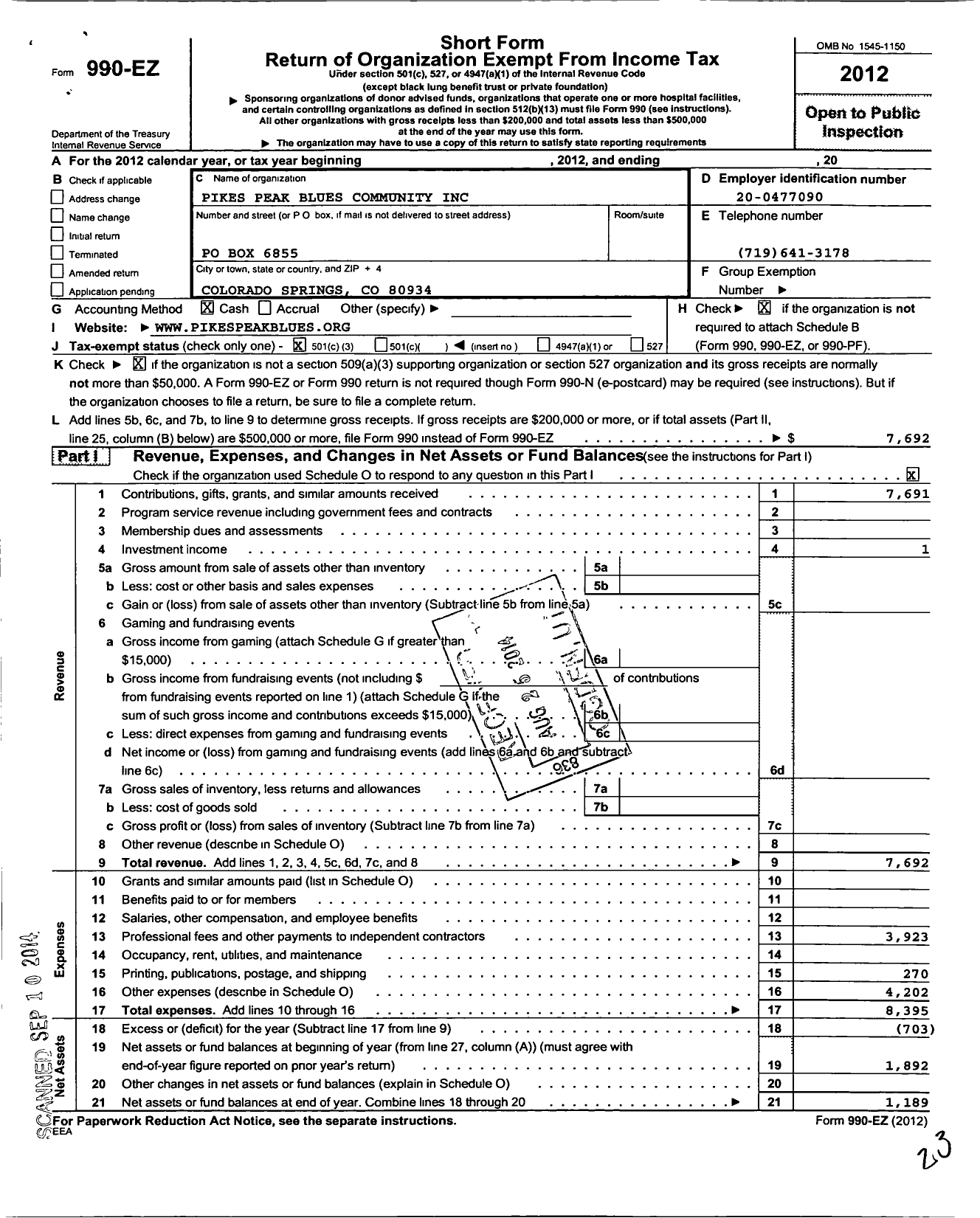 Image of first page of 2012 Form 990EZ for Pikes Peak Blues Community