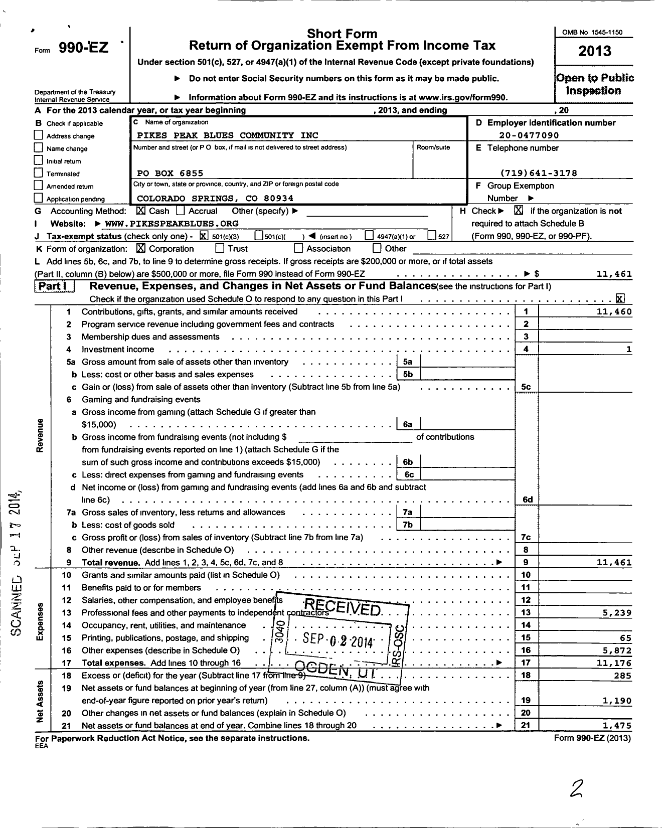 Image of first page of 2013 Form 990EZ for Pikes Peak Blues Community