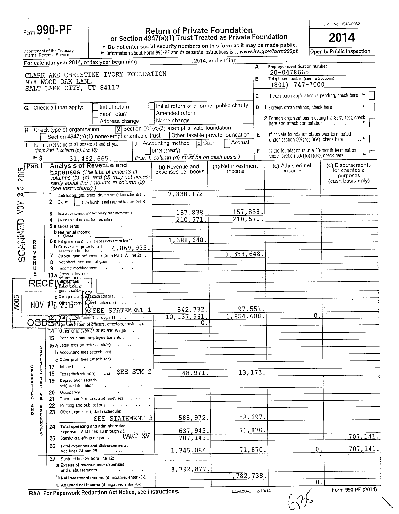 Image of first page of 2014 Form 990PF for Clark and Christine Ivory Foundation