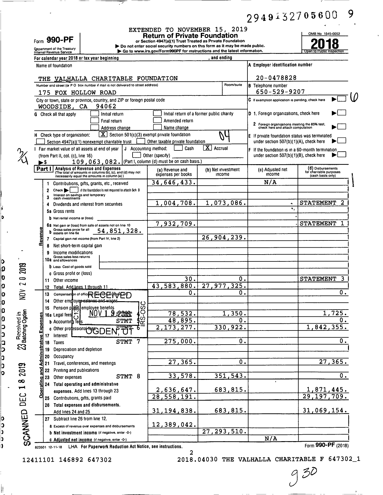 Image of first page of 2018 Form 990PF for Valhalla Foundation