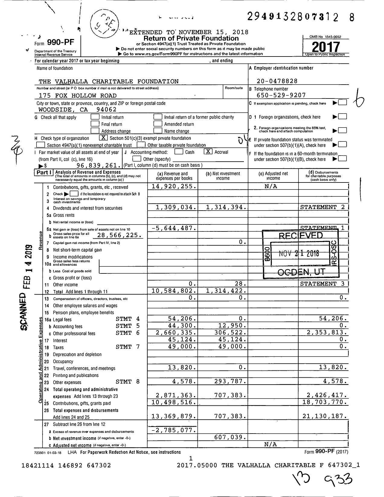 Image of first page of 2017 Form 990PF for Valhalla Foundation