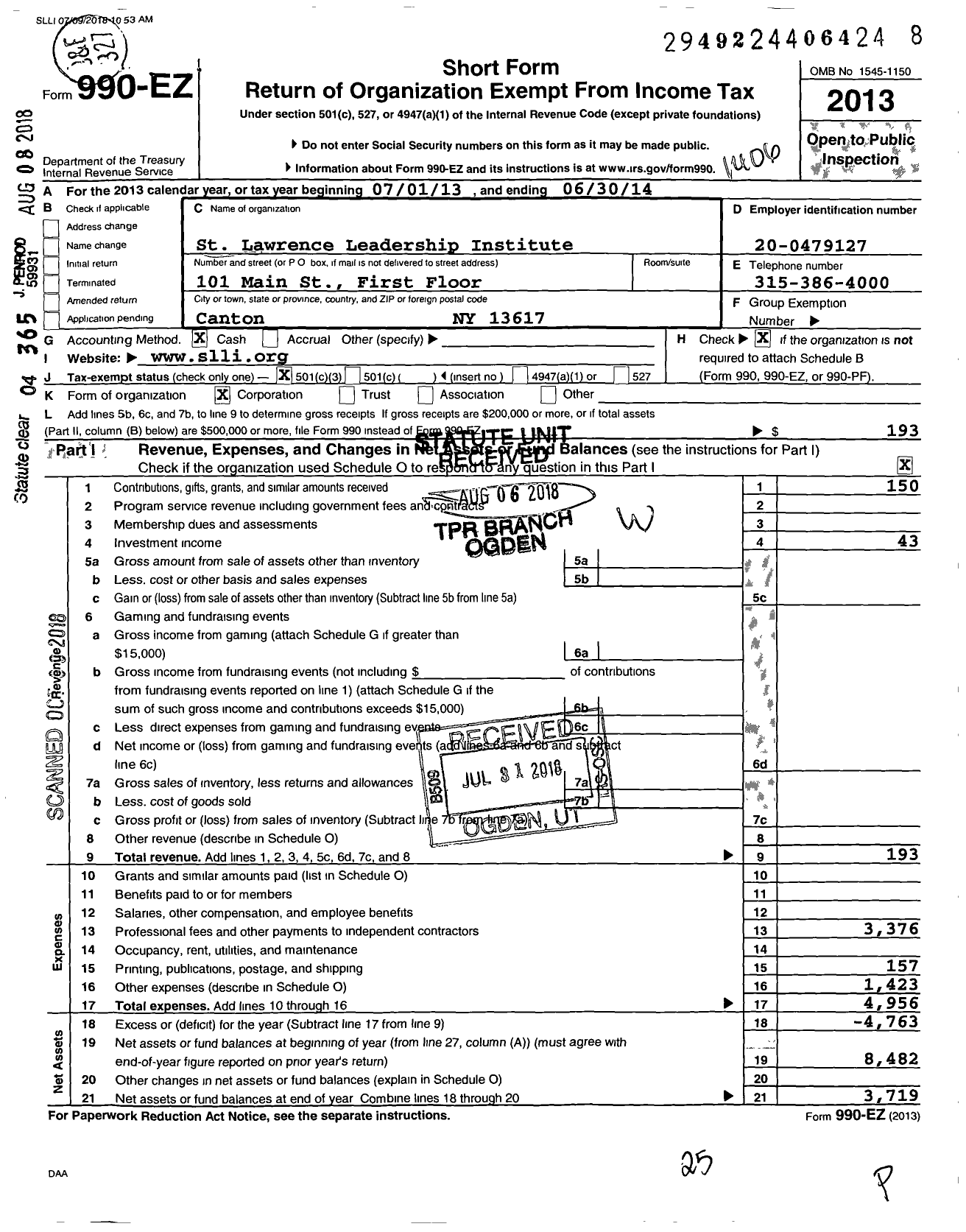 Image of first page of 2013 Form 990EZ for St Lawrence Leadership Institute