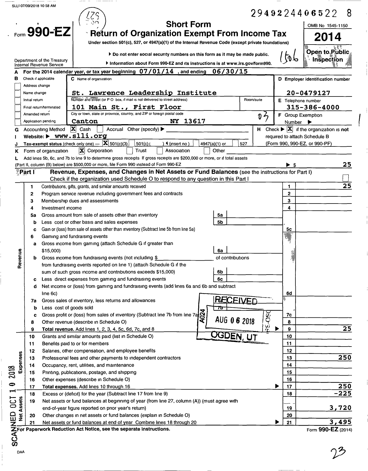 Image of first page of 2014 Form 990EZ for St Lawrence Leadership Institute