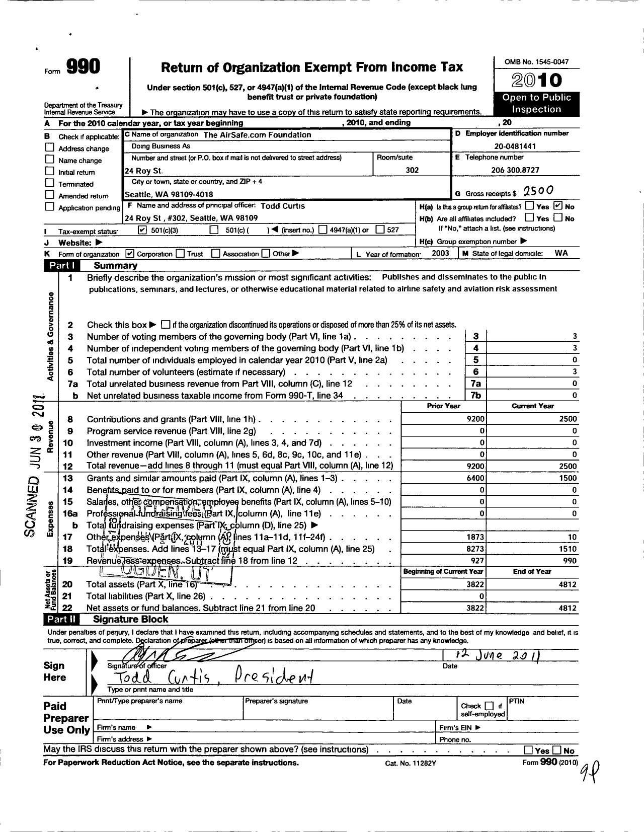 Image of first page of 2010 Form 990 for Airsafe Com Foundation