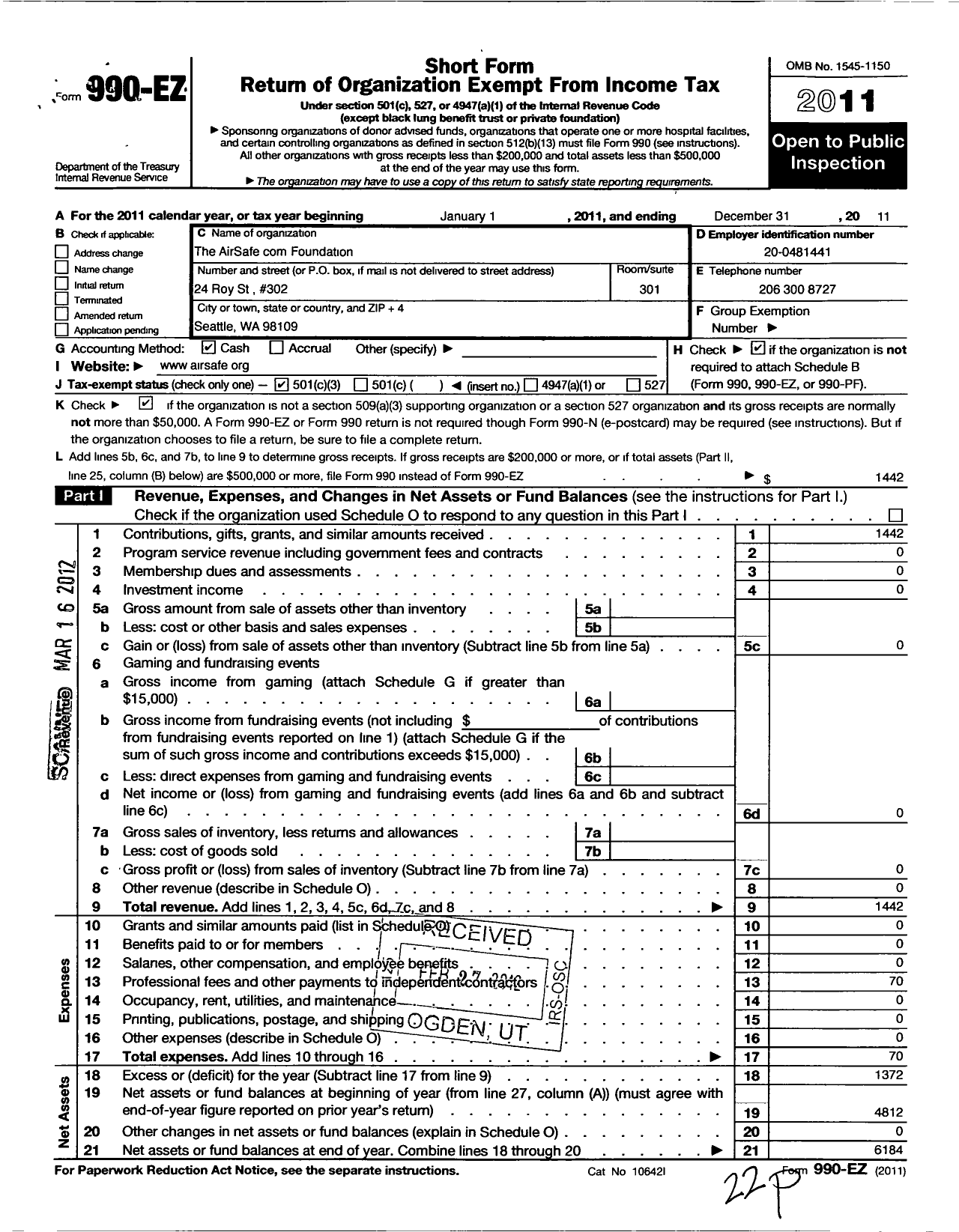 Image of first page of 2011 Form 990EZ for Airsafe Com Foundation