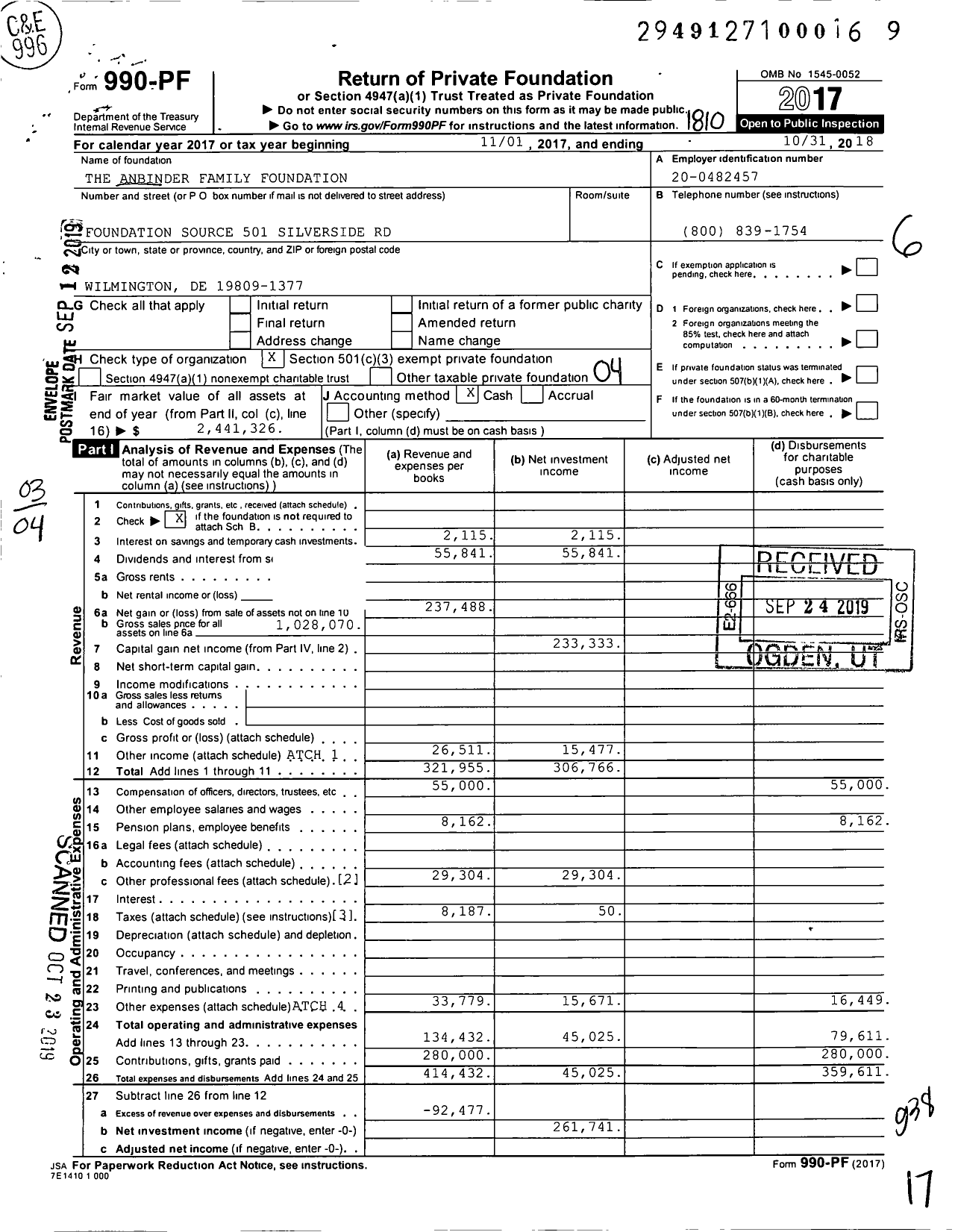 Image of first page of 2017 Form 990PF for The Anbinder Family Foundation