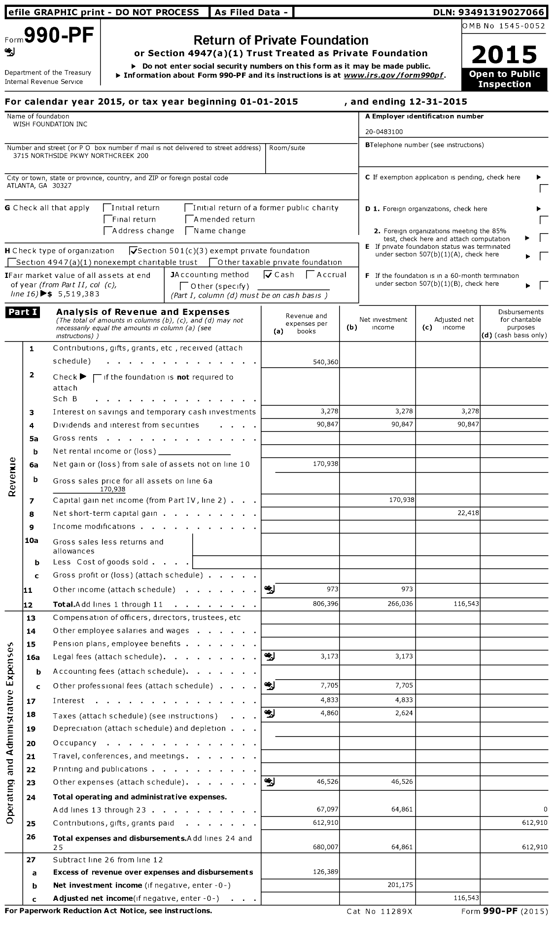 Image of first page of 2015 Form 990PF for Wish Foundation