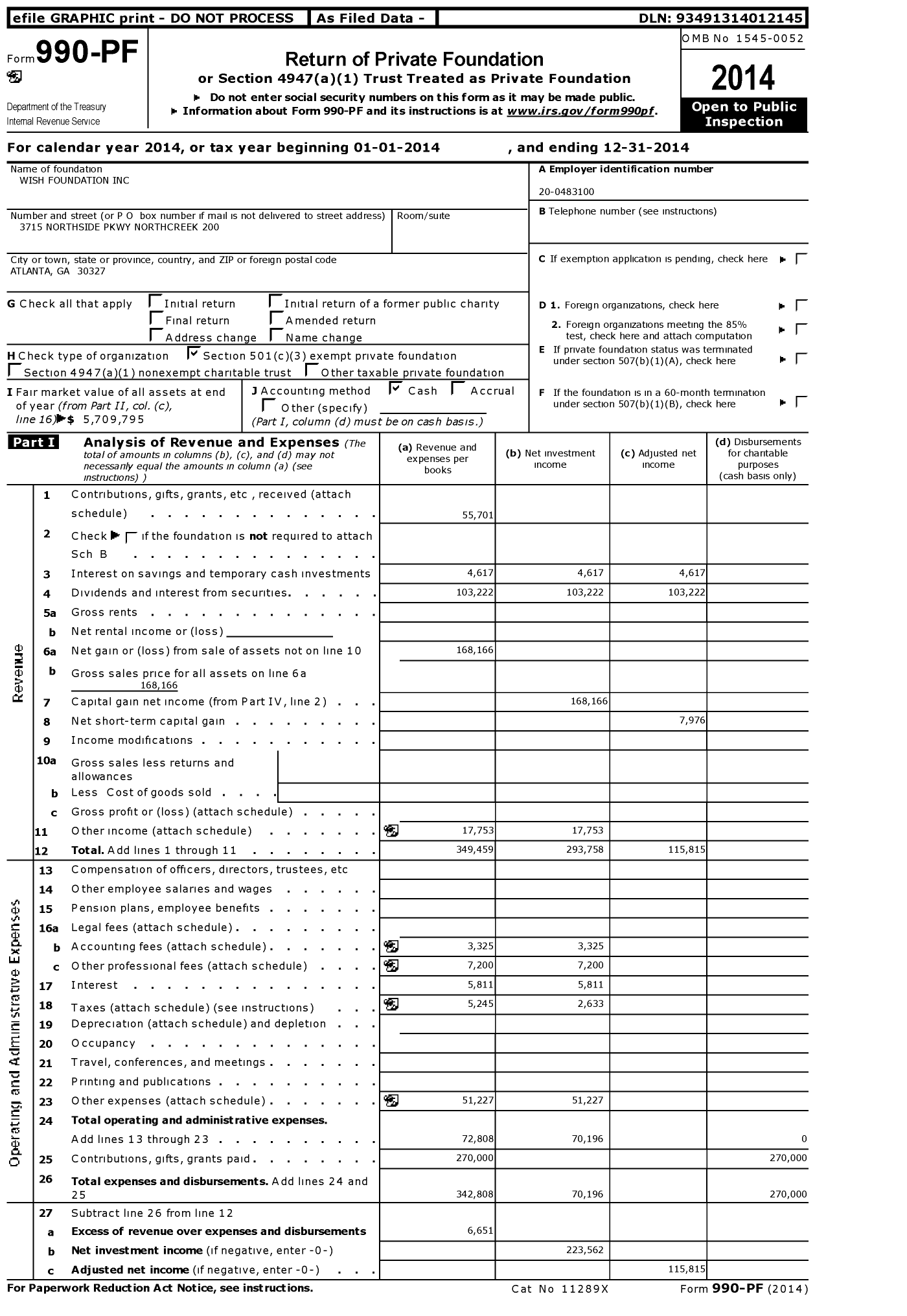Image of first page of 2014 Form 990PF for Wish Foundation