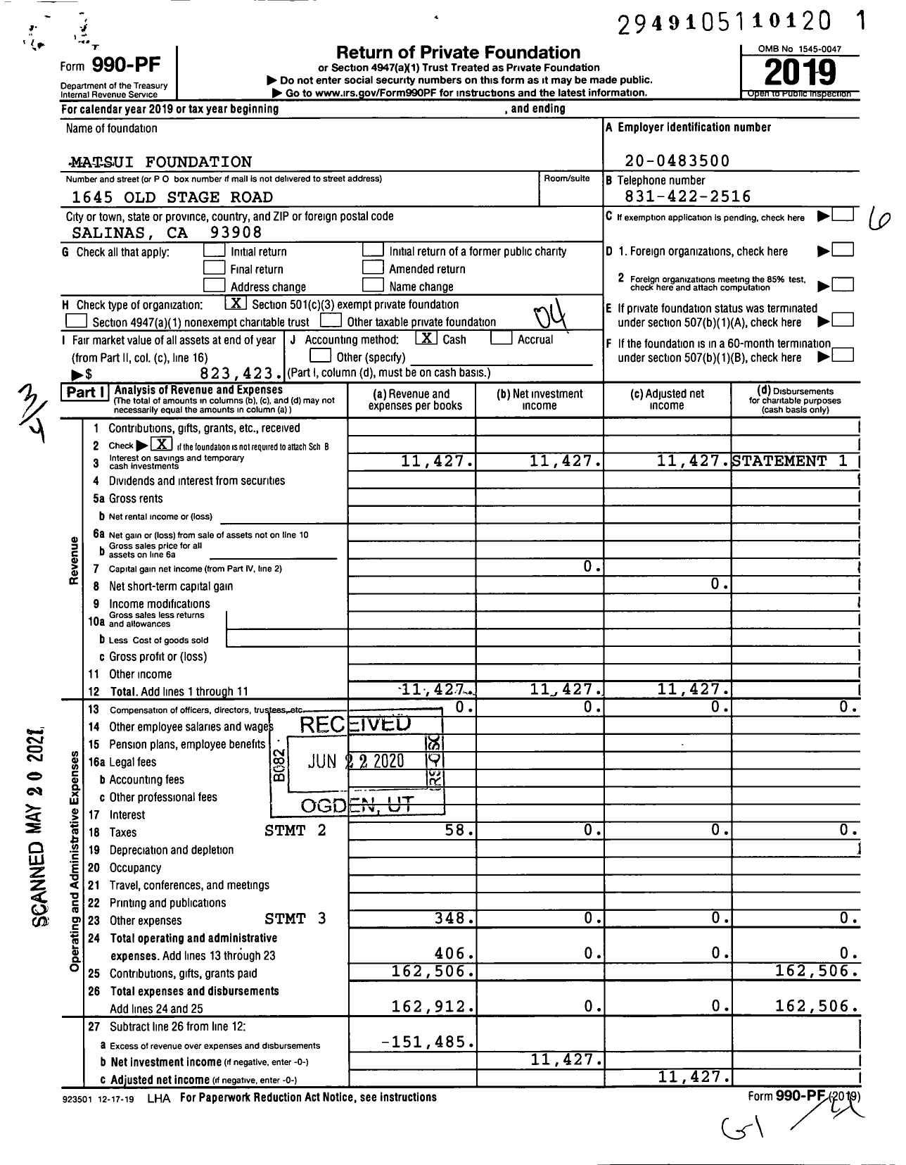 Image of first page of 2019 Form 990PF for Matsui Foundation