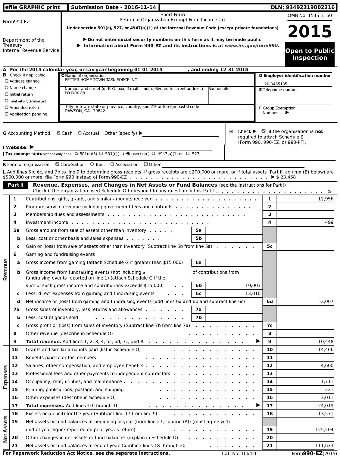 Image of first page of 2015 Form 990EZ for Better Home Town Task Force