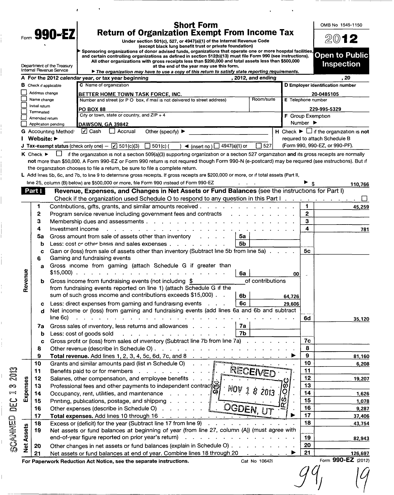 Image of first page of 2012 Form 990EZ for Better Home Town Task Force