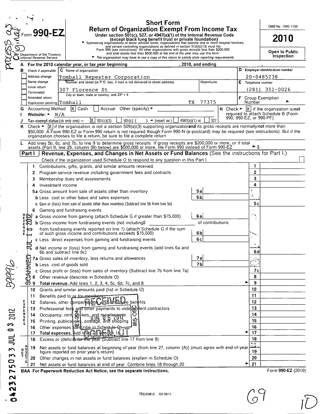 Image of first page of 2010 Form 990EZ for Tomball Repeater Corporation