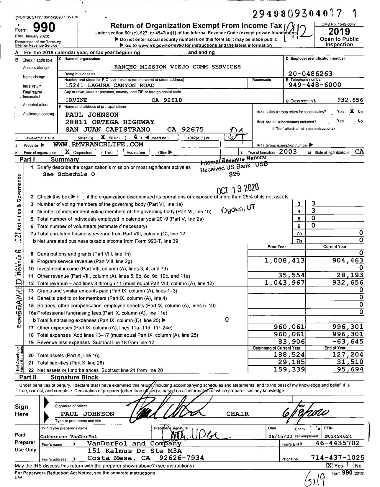 Image of first page of 2019 Form 990O for Rancho Mission Viejo Comm Services
