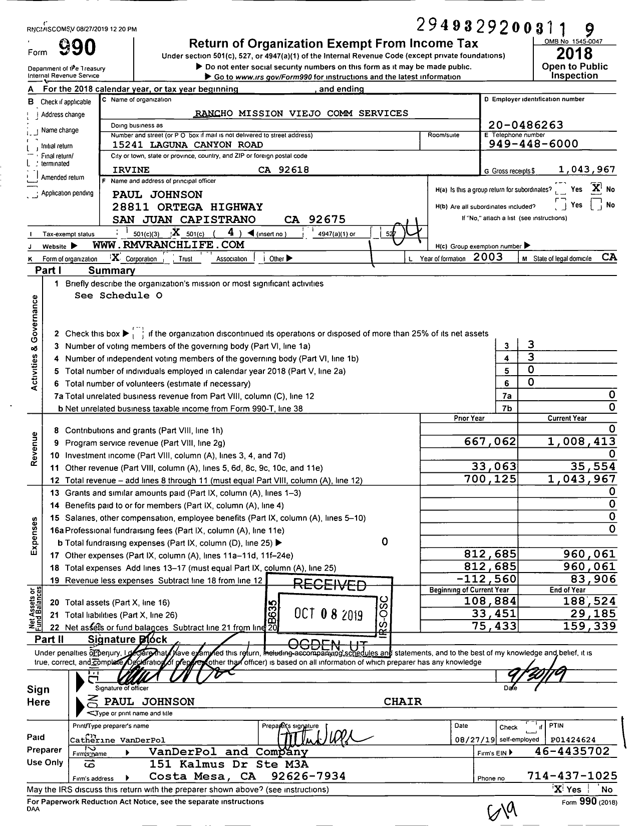 Image of first page of 2018 Form 990O for Rancho Mission Viejo Comm Services