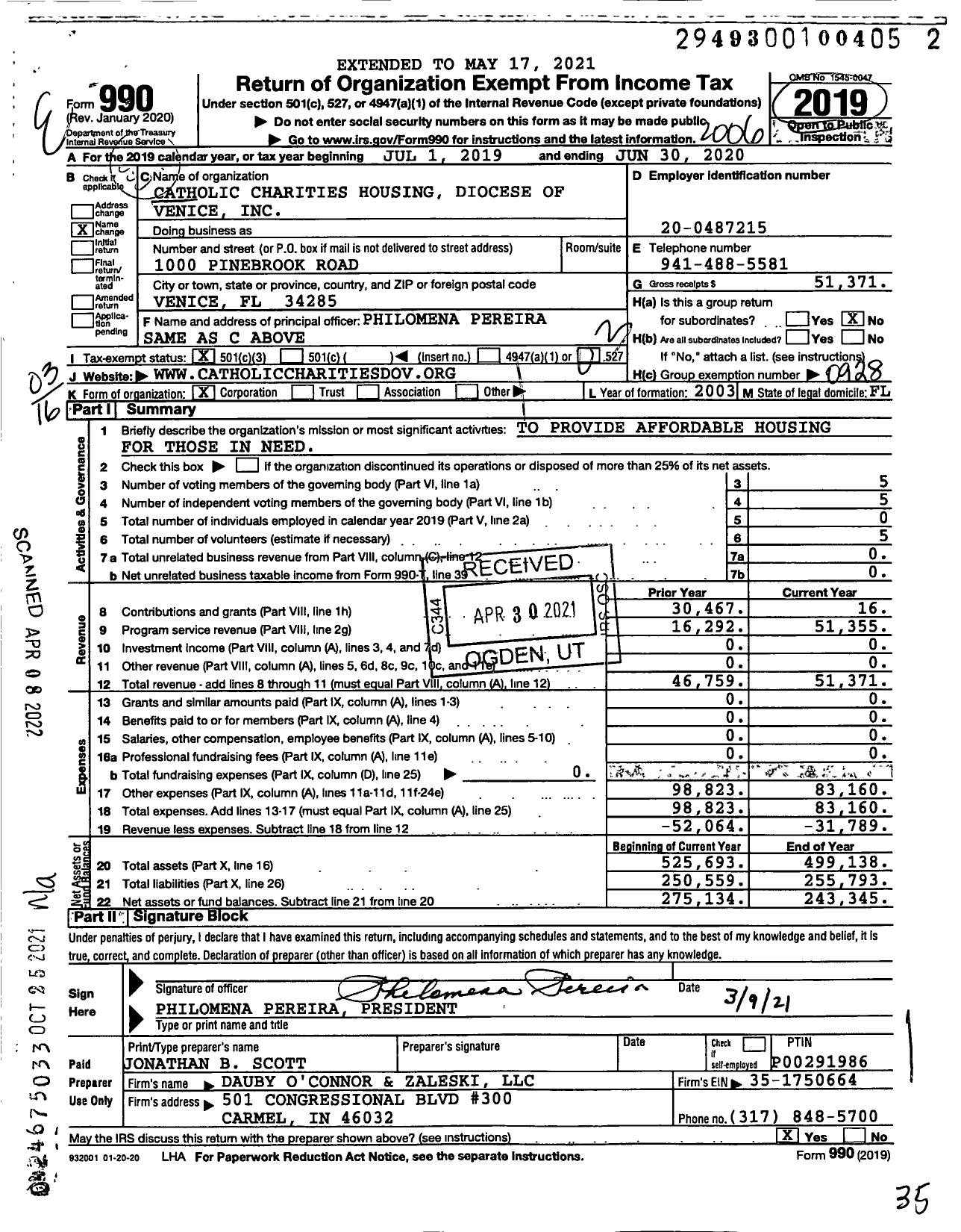 Image of first page of 2019 Form 990 for Catholic Charities Housing Diocese of Venice