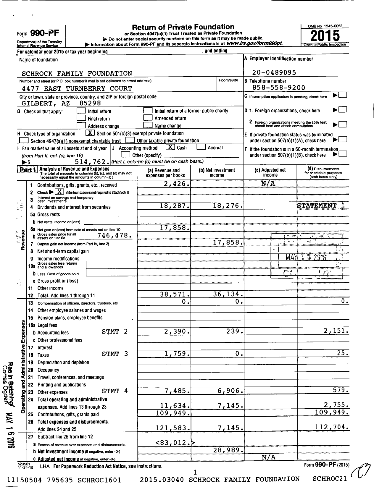 Image of first page of 2015 Form 990PF for Schrock Family Foundation