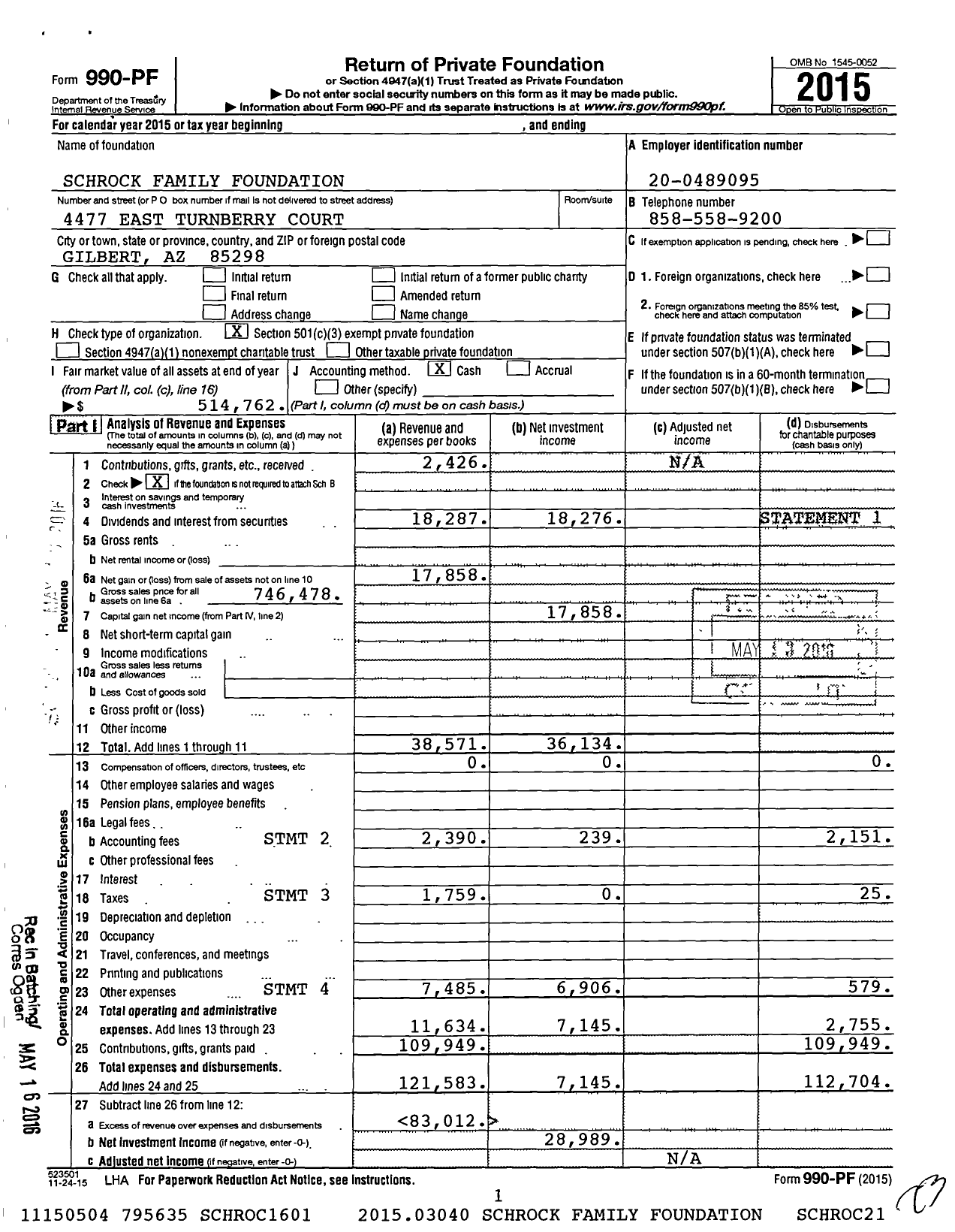 Image of first page of 2015 Form 990PF for Schrock Family Foundation