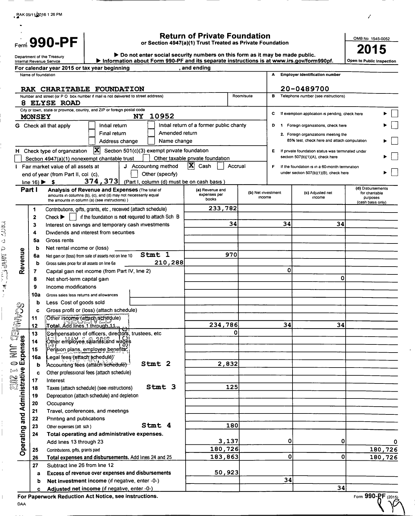 Image of first page of 2015 Form 990PF for Rak Charitable Foundation