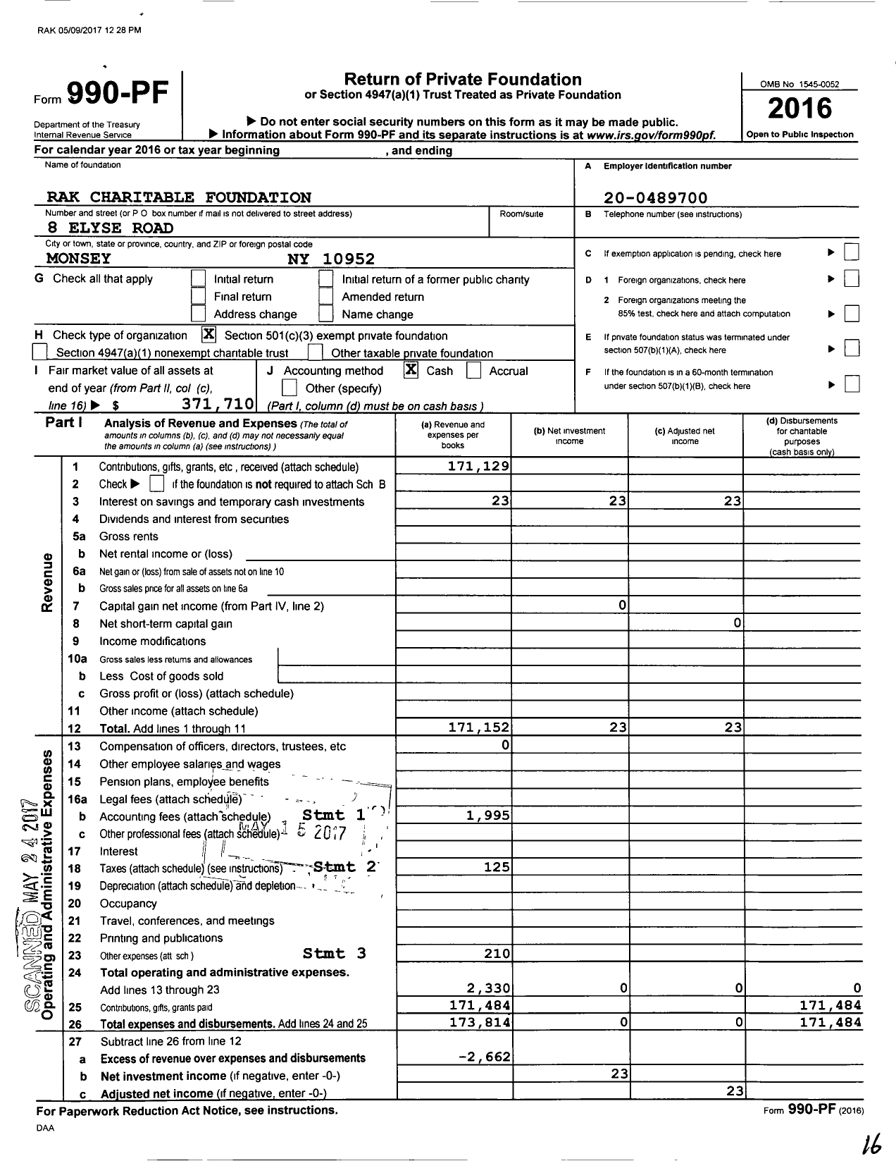 Image of first page of 2016 Form 990PF for Rak Charitable Foundation