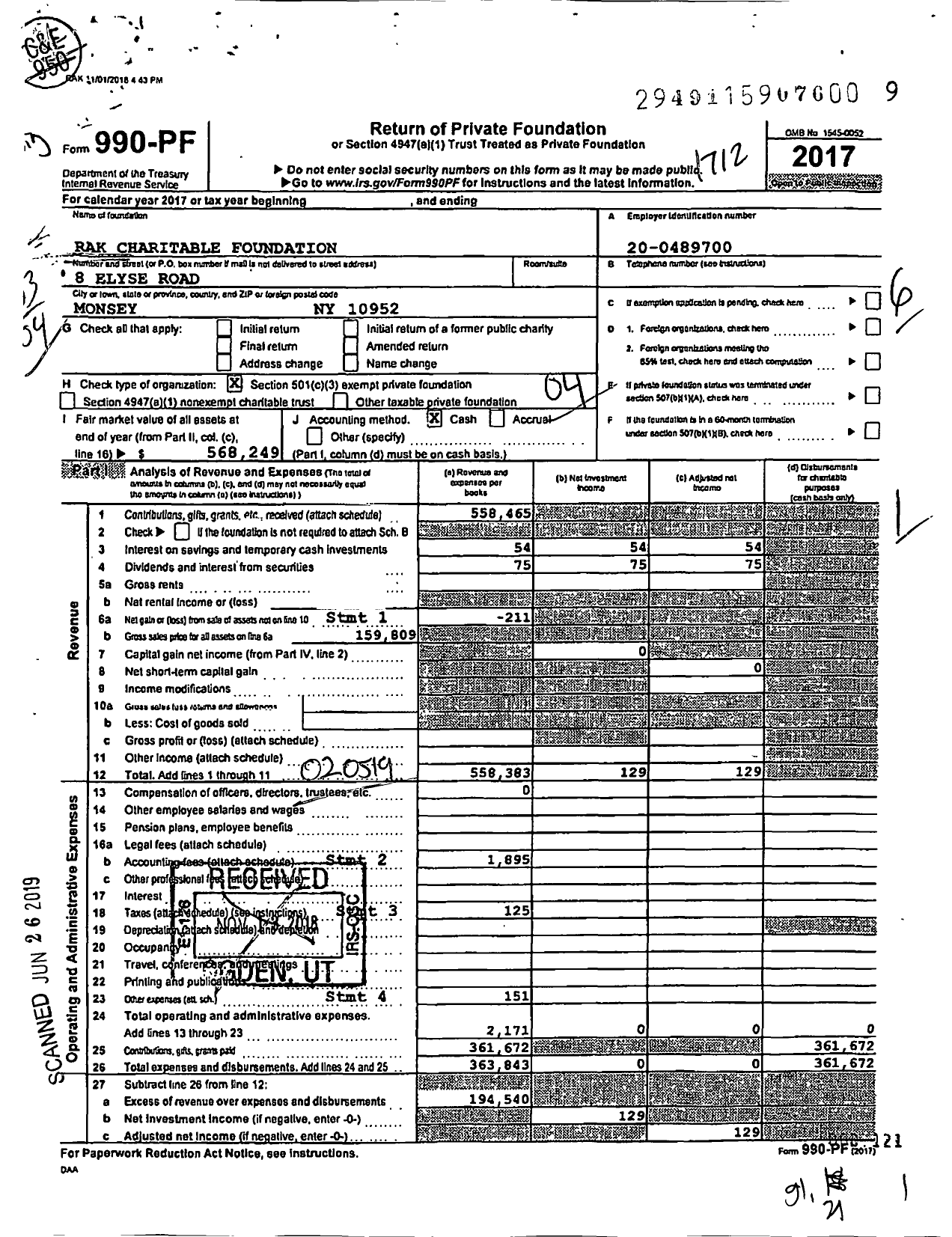 Image of first page of 2017 Form 990PF for Rak Charitable Foundation
