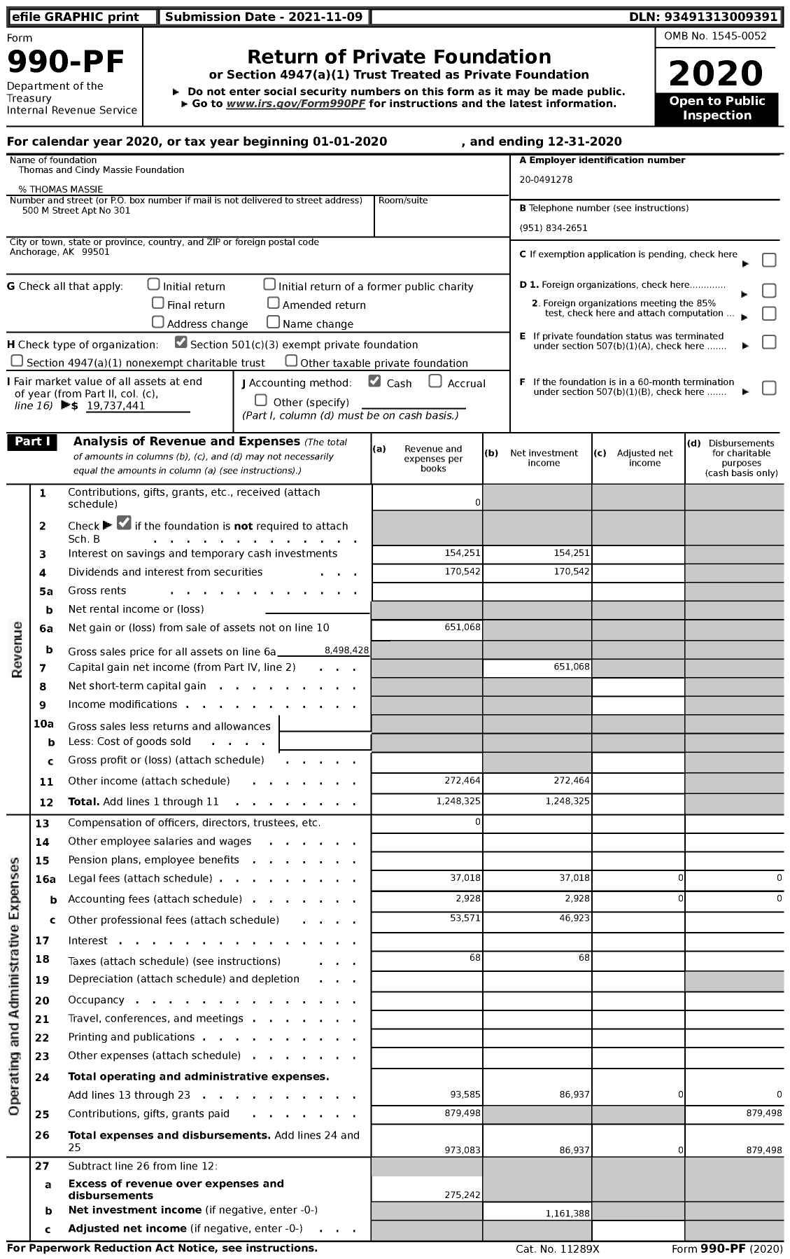 Image of first page of 2020 Form 990PF for Thomas and Cindy Massie Foundation