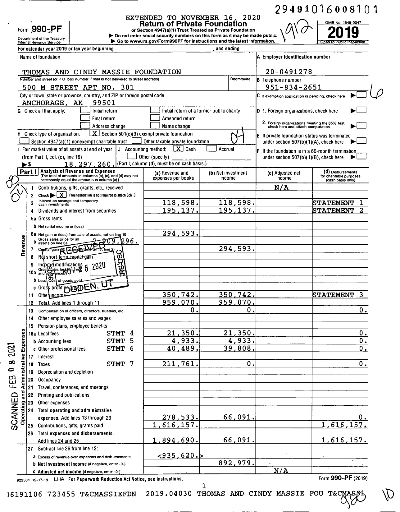 Image of first page of 2019 Form 990PF for Thomas and Cindy Massie Foundation