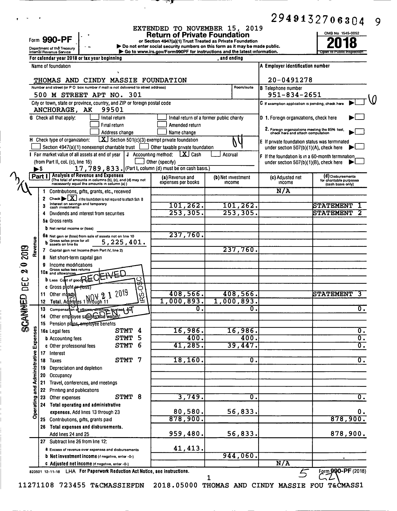 Image of first page of 2018 Form 990PF for Thomas and Cindy Massie Foundation