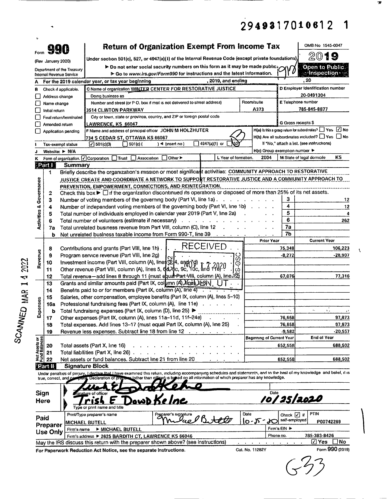 Image of first page of 2019 Form 990 for Winter Center for Restoriative Justice