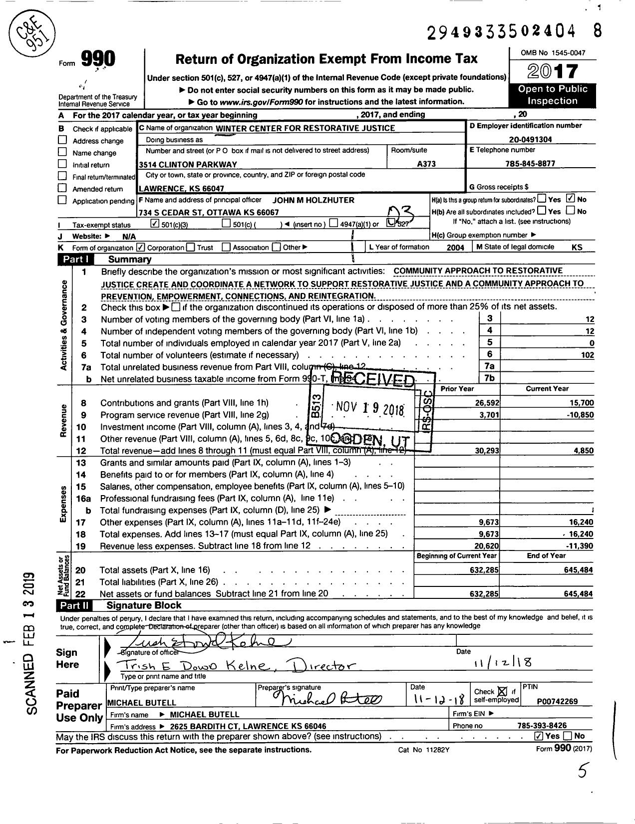 Image of first page of 2017 Form 990 for Winter Center for Restoriative Justice