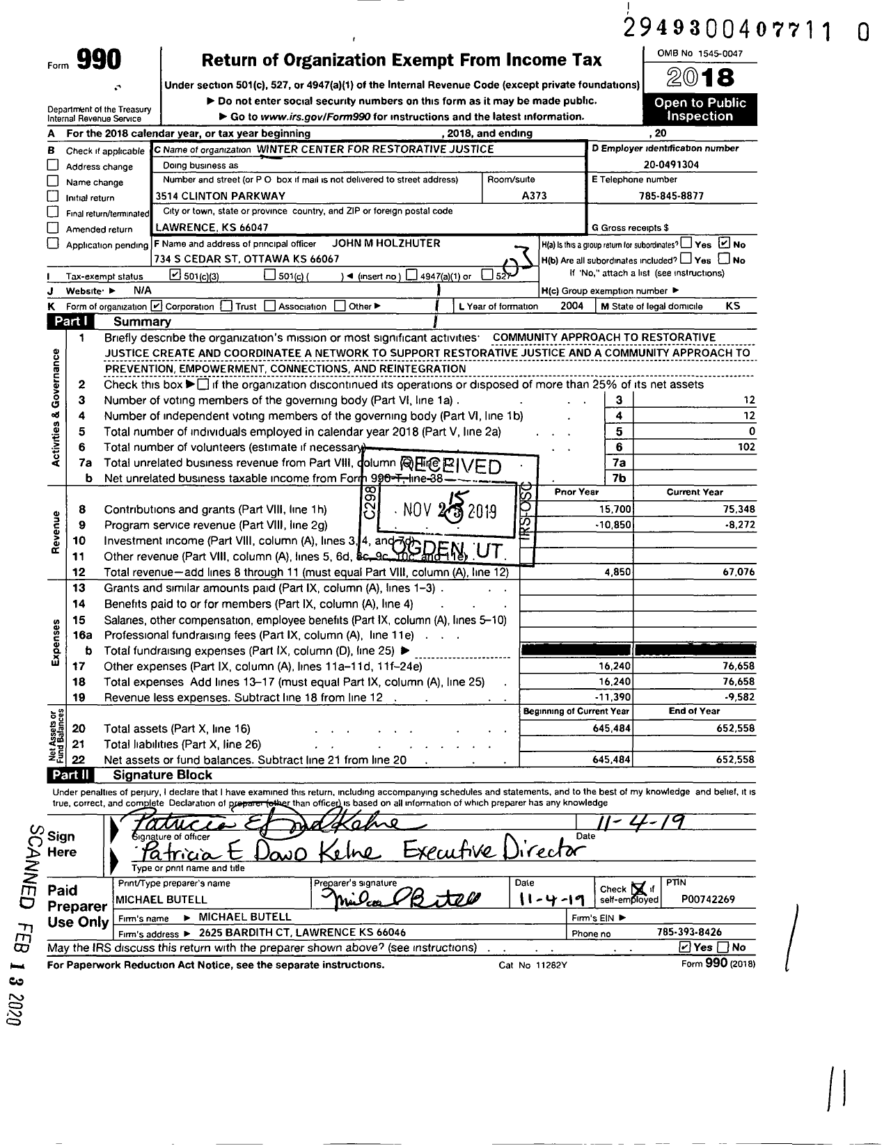 Image of first page of 2018 Form 990 for Winter Center for Restoriative Justice