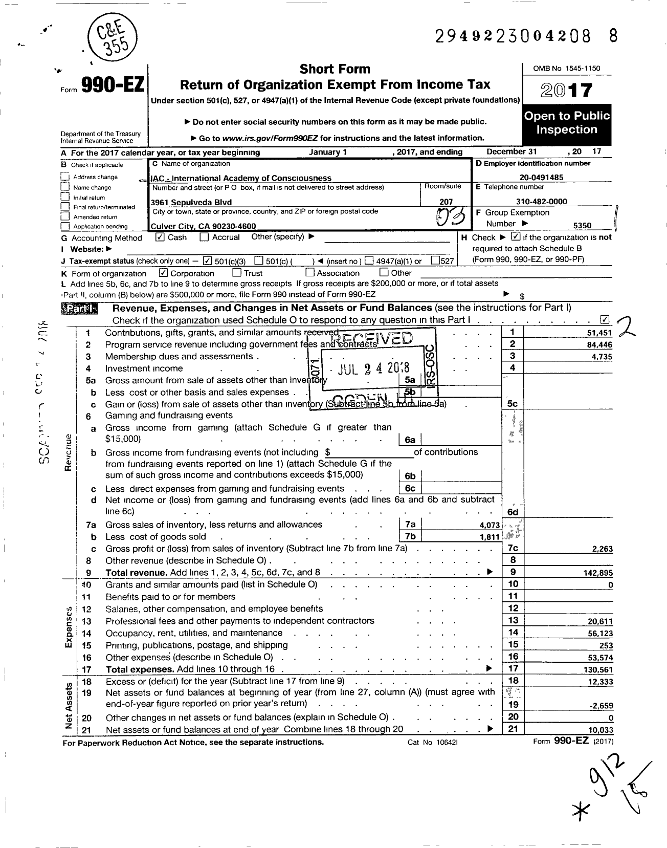 Image of first page of 2017 Form 990EZ for Iac-International Academy of Consciousness / California