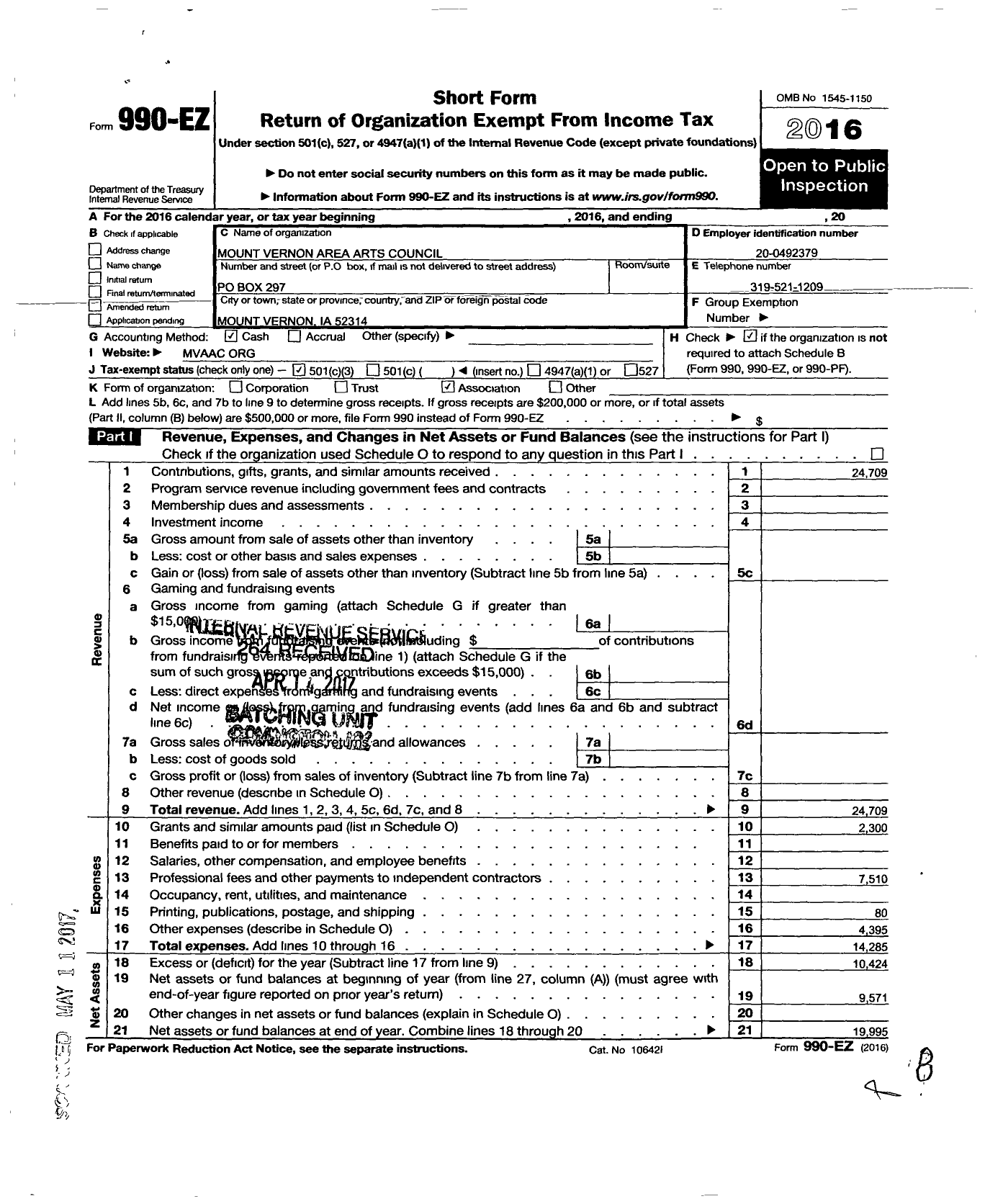 Image of first page of 2016 Form 990EZ for Mount Vernon Area Arts Council