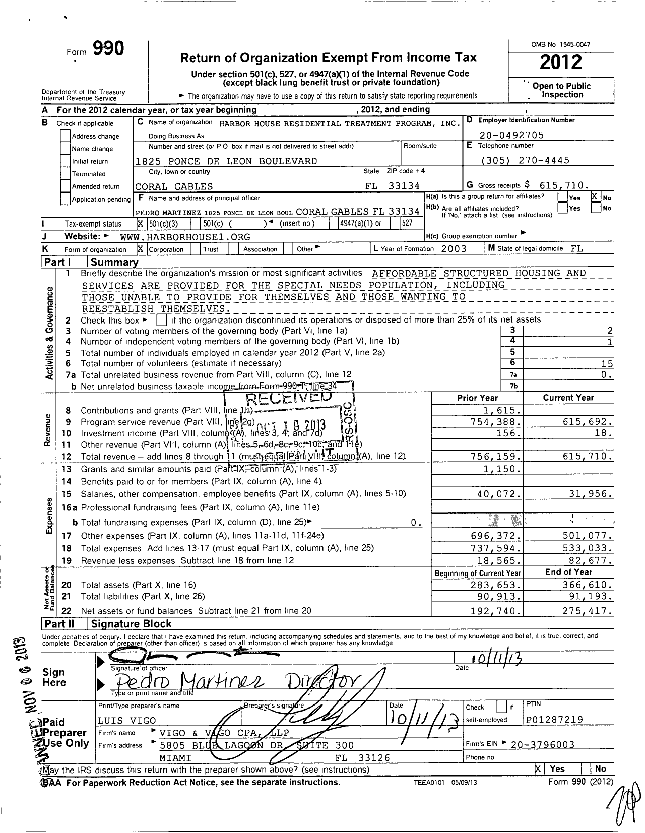 Image of first page of 2012 Form 990 for Harbor House Residential Treatment Program