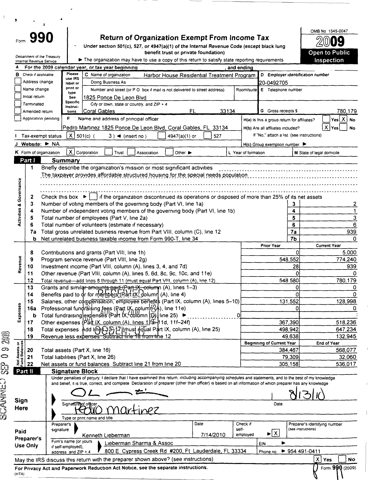 Image of first page of 2009 Form 990 for Harbor House Residential Treatment Program