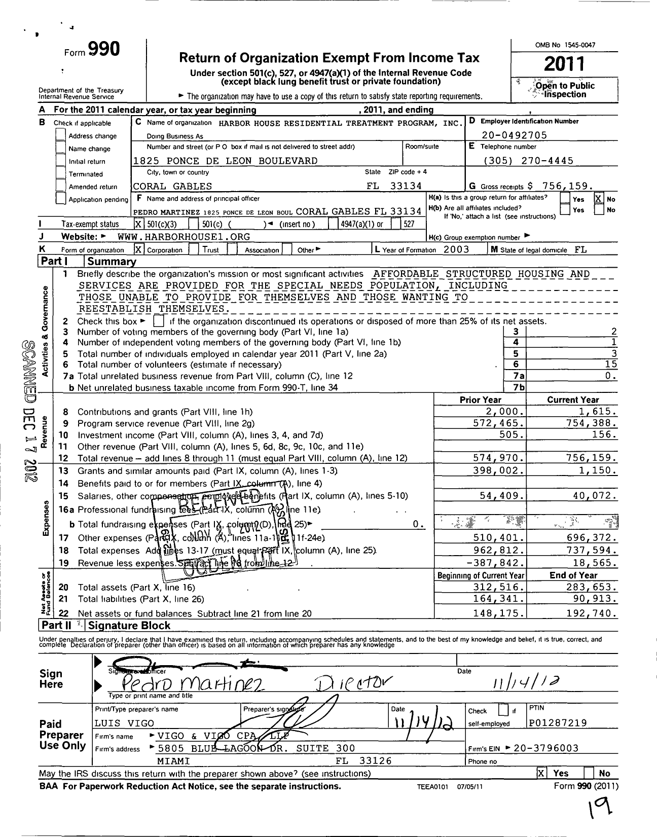 Image of first page of 2011 Form 990 for Harbor House Residential Treatment Program