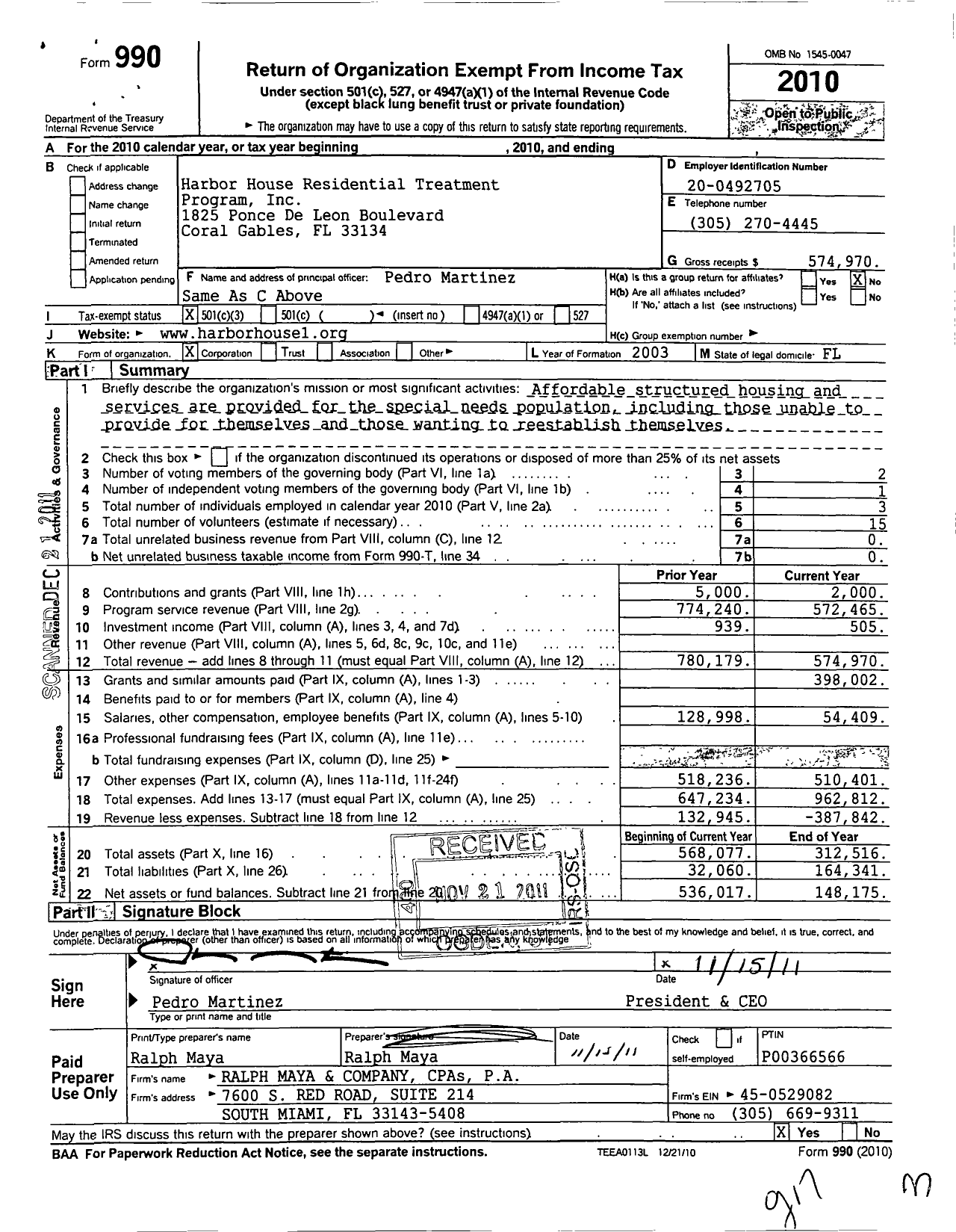 Image of first page of 2010 Form 990 for Harbor House Residential Treatment Program