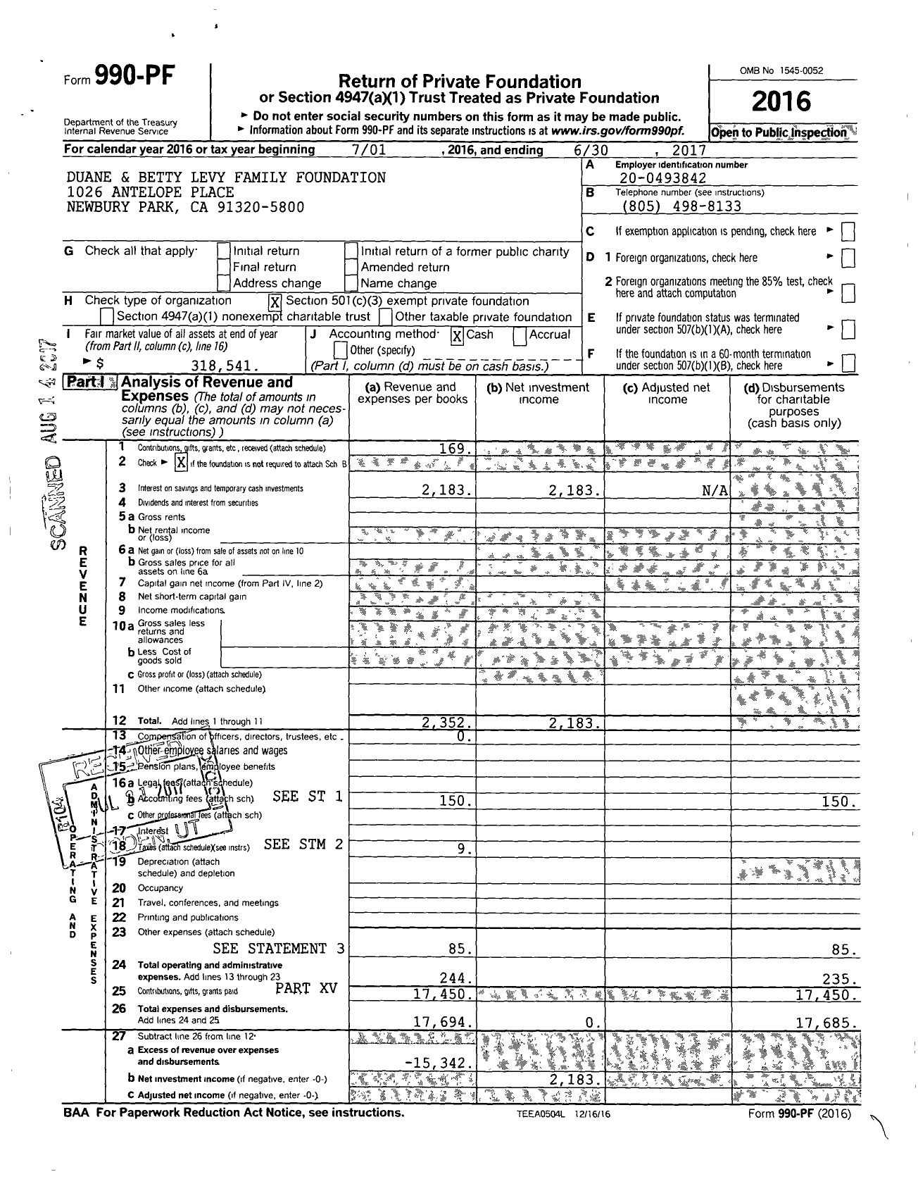 Image of first page of 2016 Form 990PF for Duane and Betty Levy Family Foundation