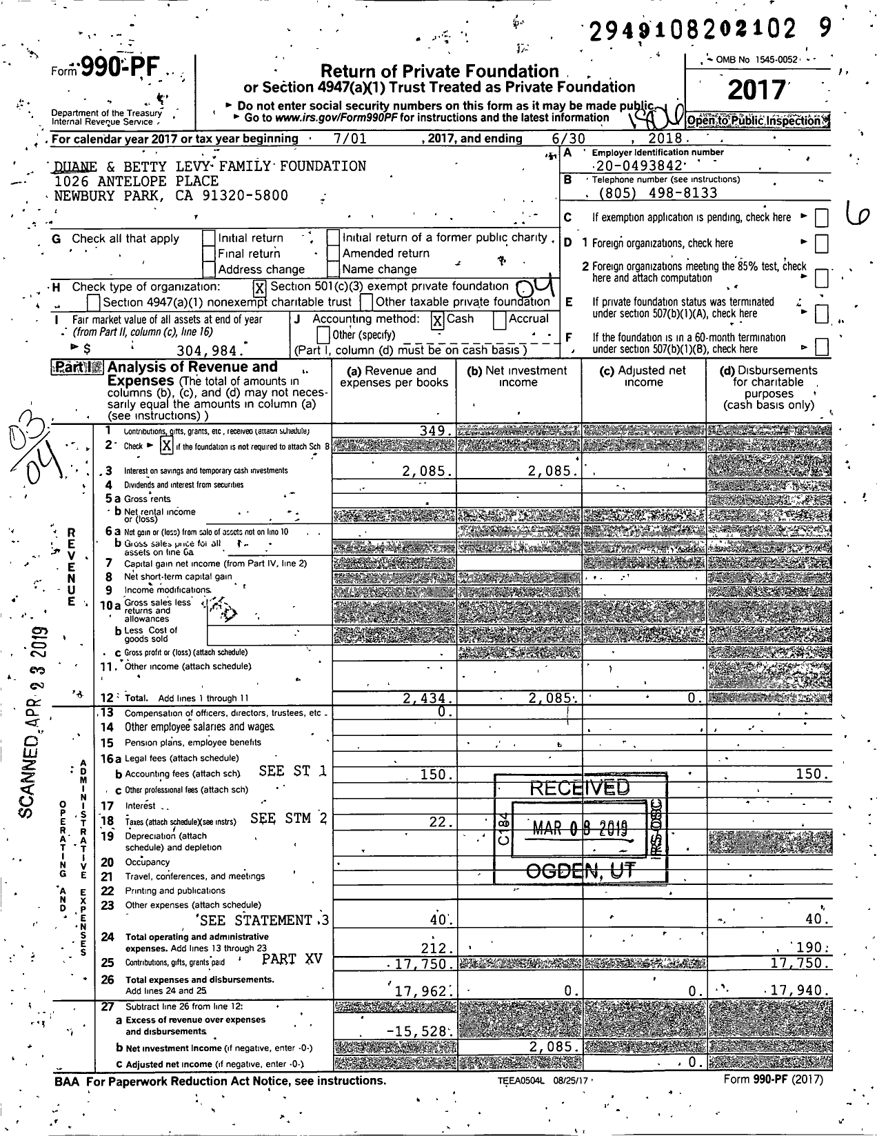 Image of first page of 2017 Form 990PF for Duane and Betty Levy Family Foundation