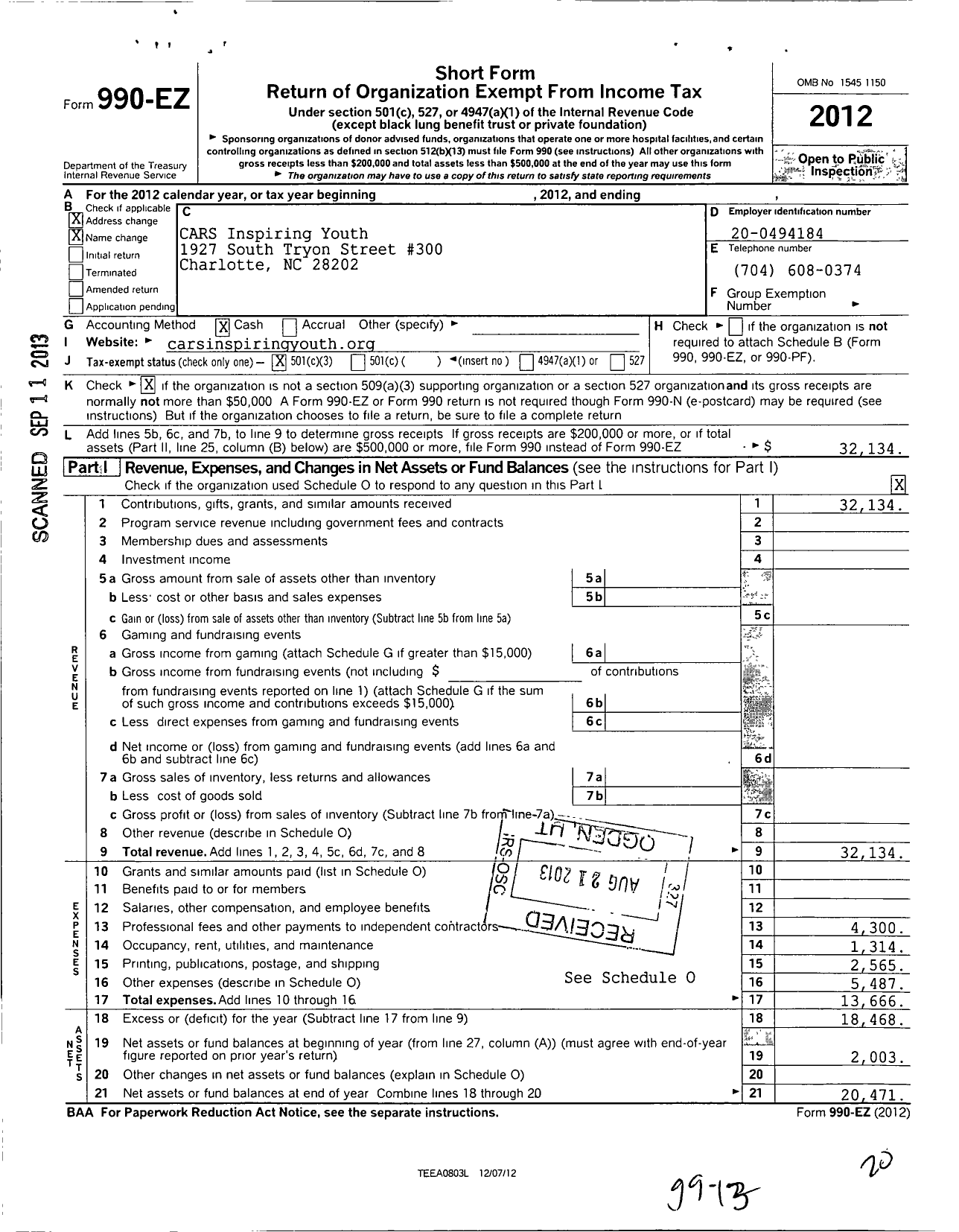 Image of first page of 2012 Form 990EZ for Cars Inspiring Youth