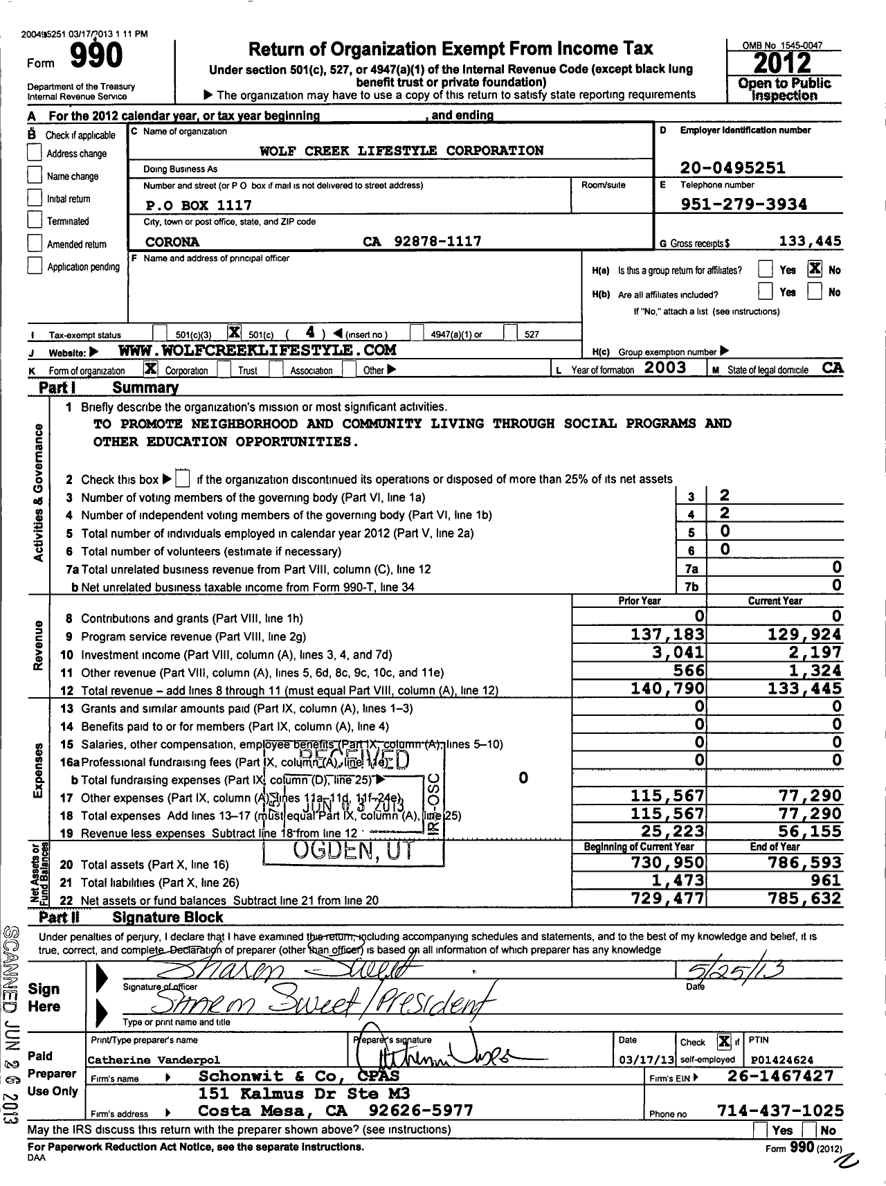 Image of first page of 2012 Form 990O for Wolf Creek Lifestyle Corporation