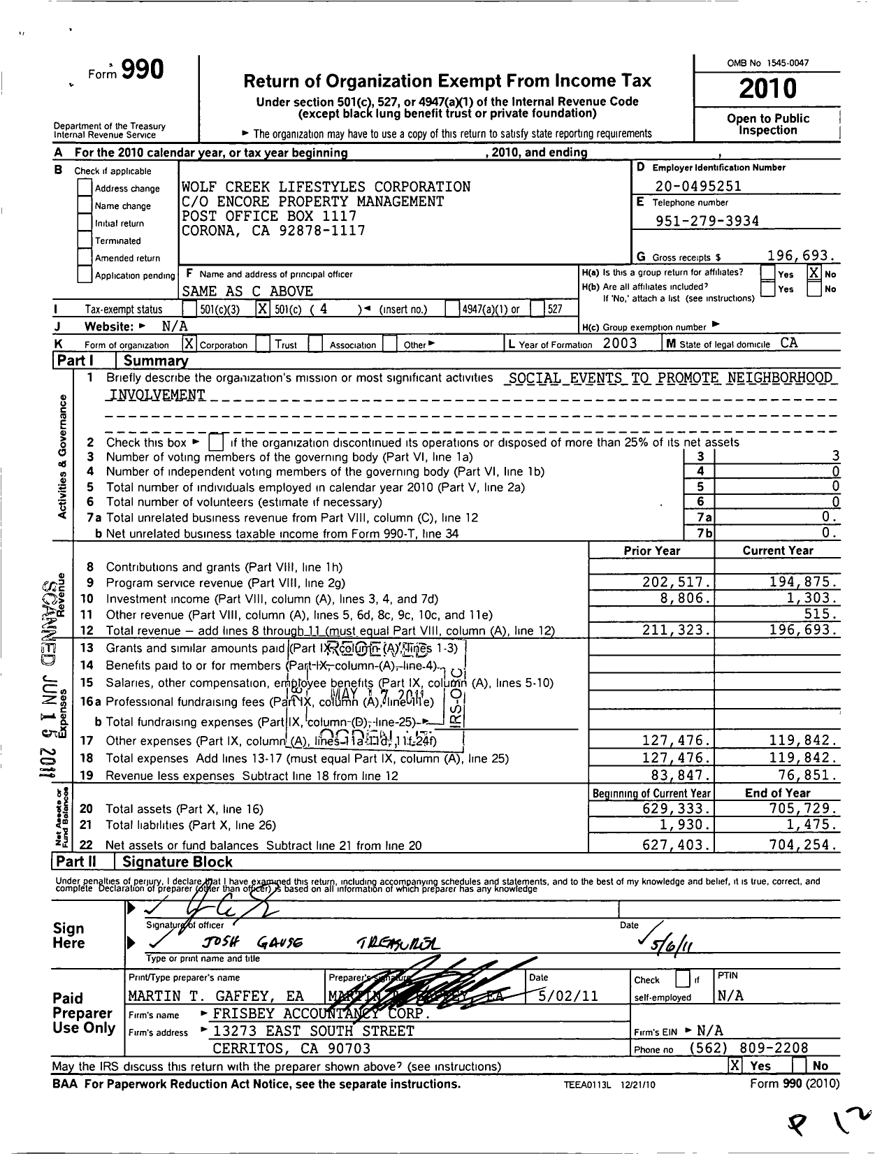 Image of first page of 2010 Form 990O for Wolf Creek Lifestyle Corporation