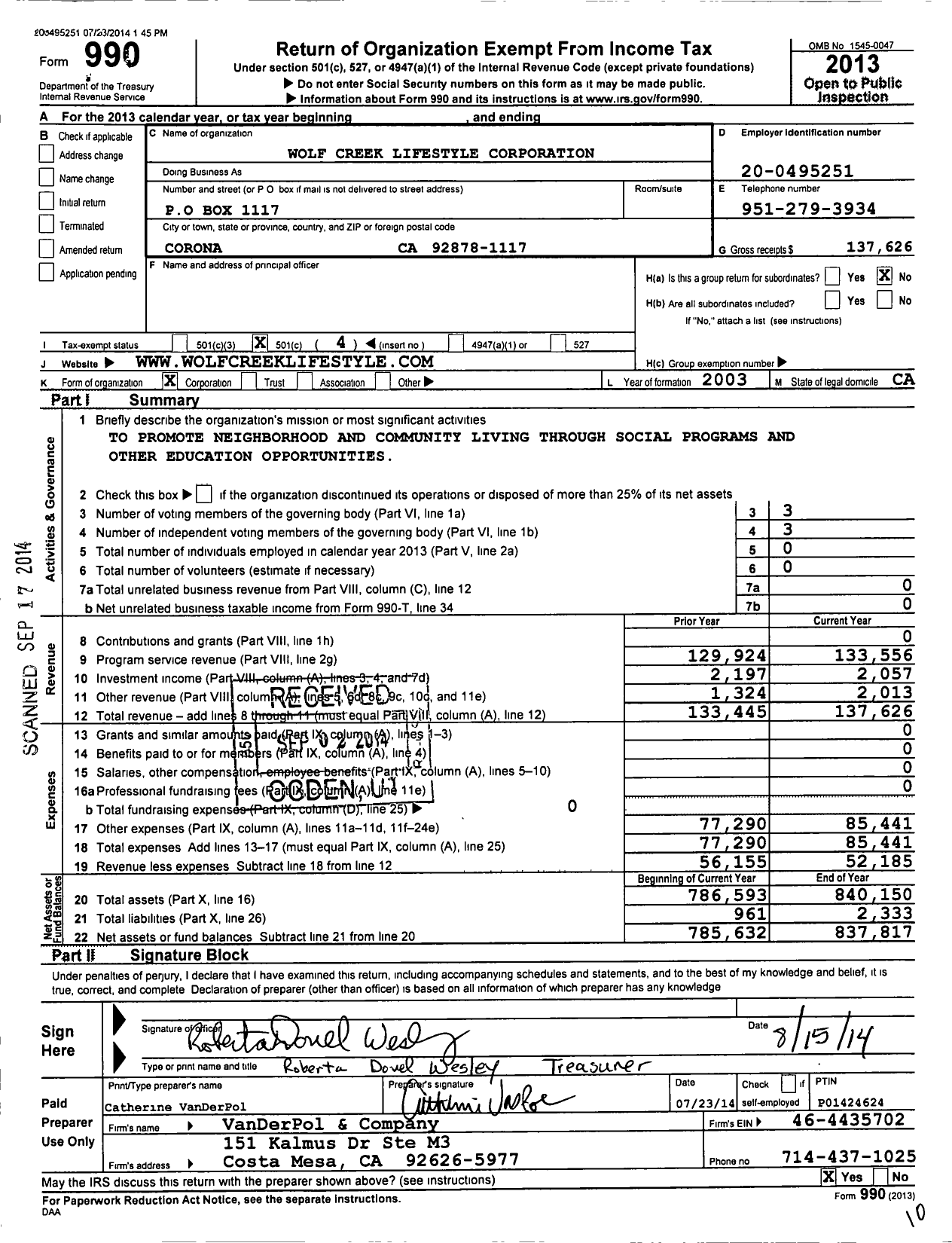 Image of first page of 2013 Form 990O for Wolf Creek Lifestyle Corporation