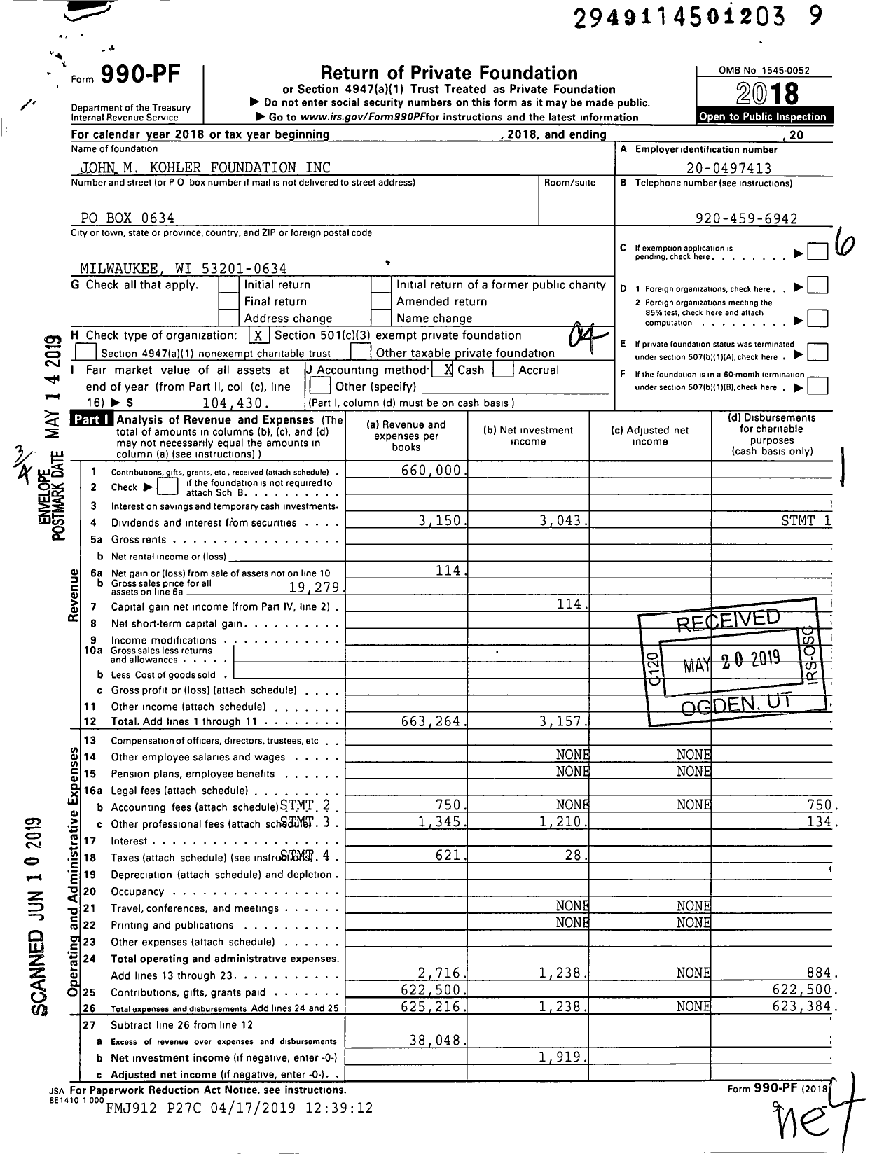 Image of first page of 2018 Form 990PF for WM Collins Kohler Foundation