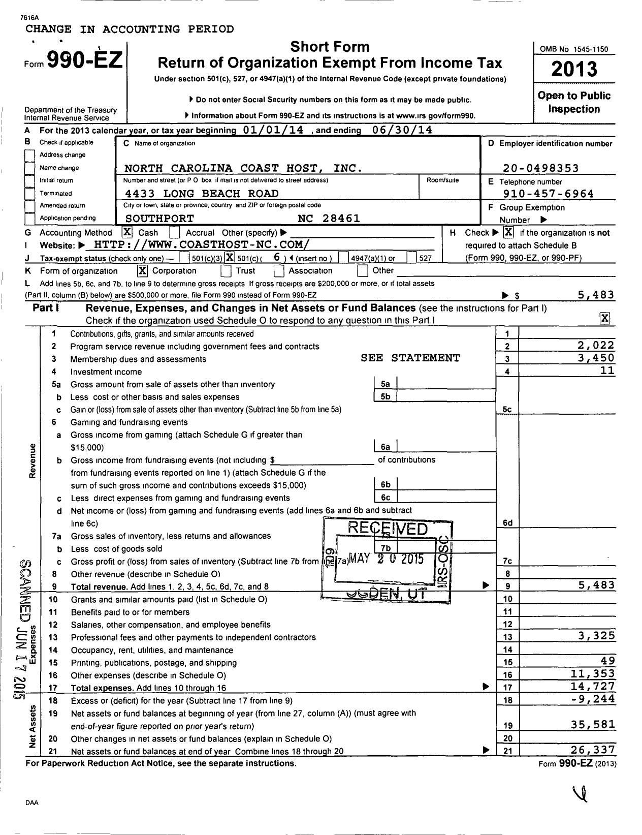 Image of first page of 2013 Form 990EO for North Carolina Coast Host