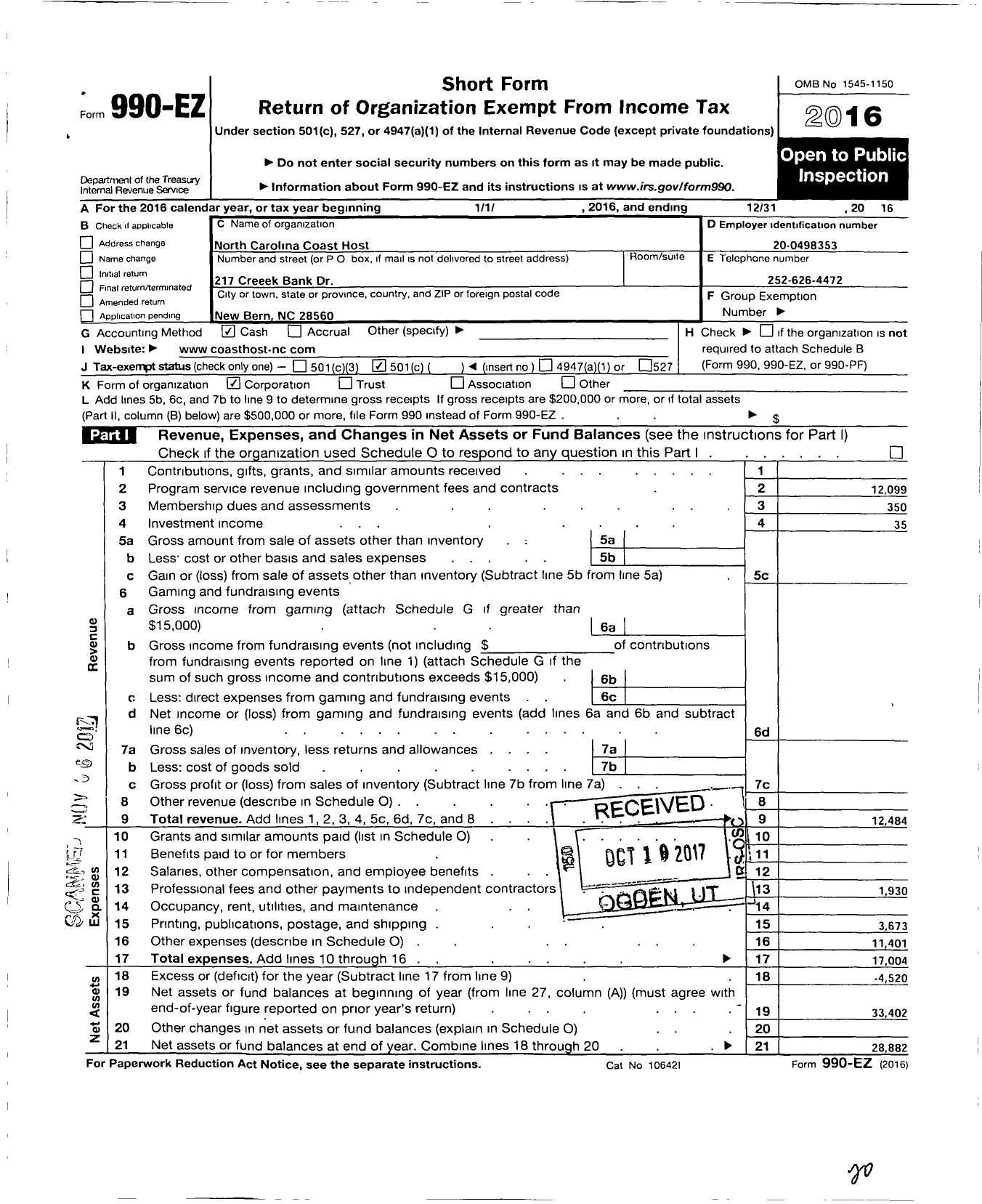 Image of first page of 2016 Form 990EO for North Carolina Coast Host