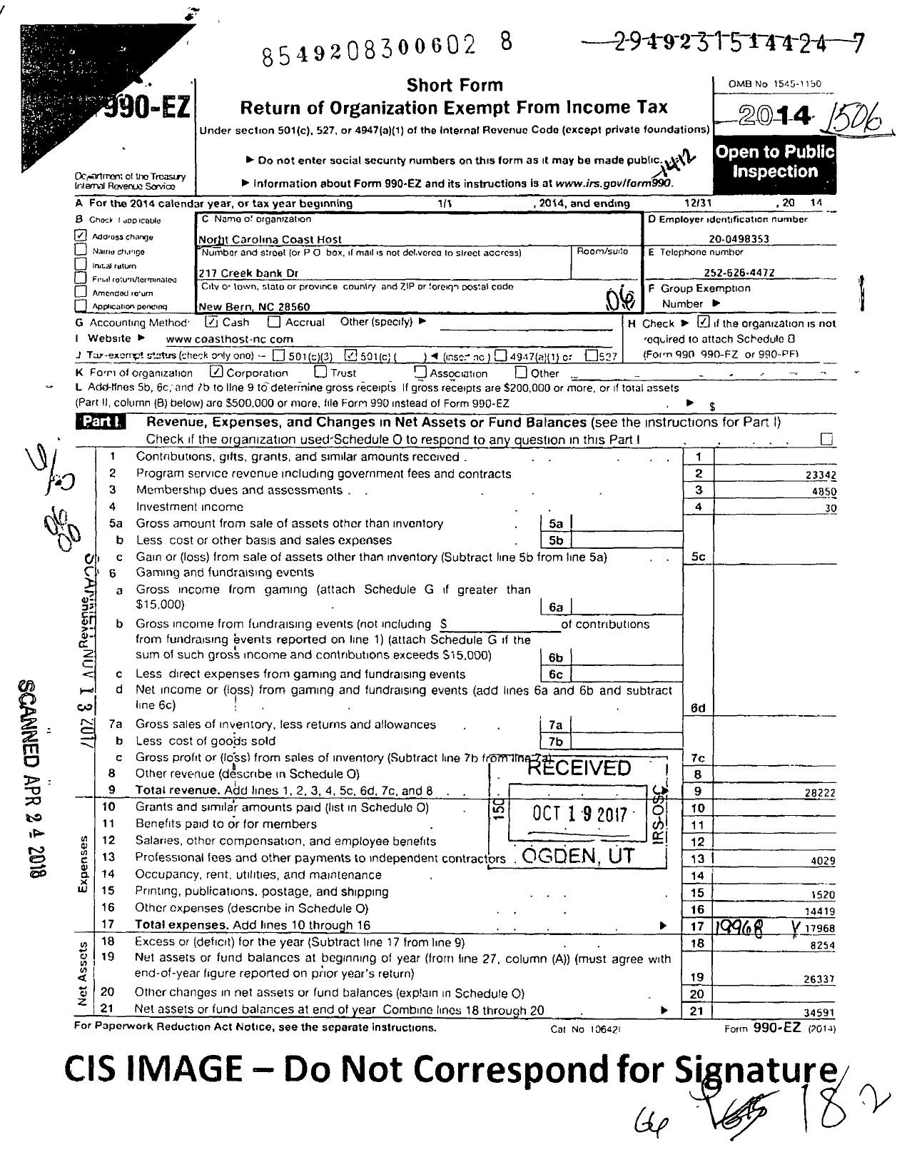 Image of first page of 2014 Form 990EO for North Carolina Coast Host