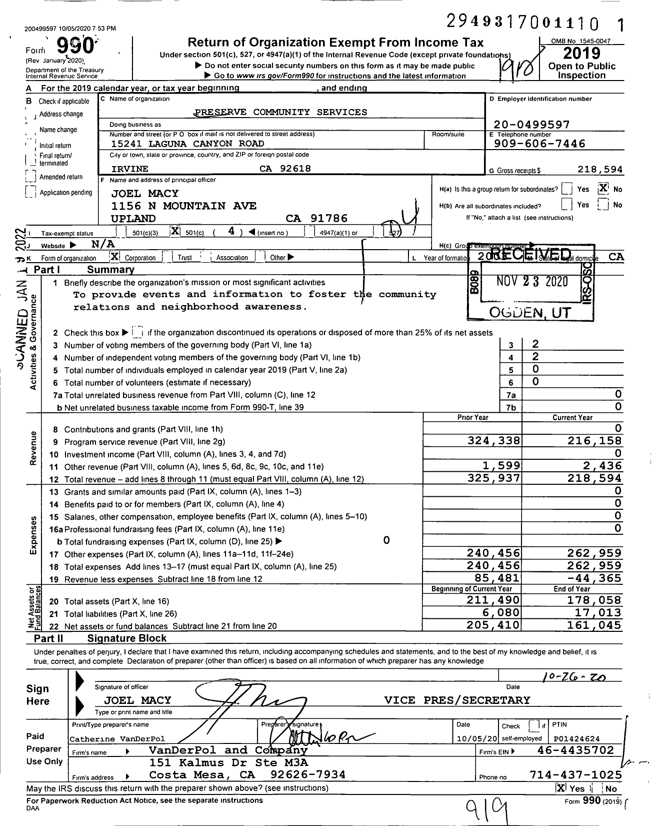 Image of first page of 2019 Form 990O for Preserve Community Services